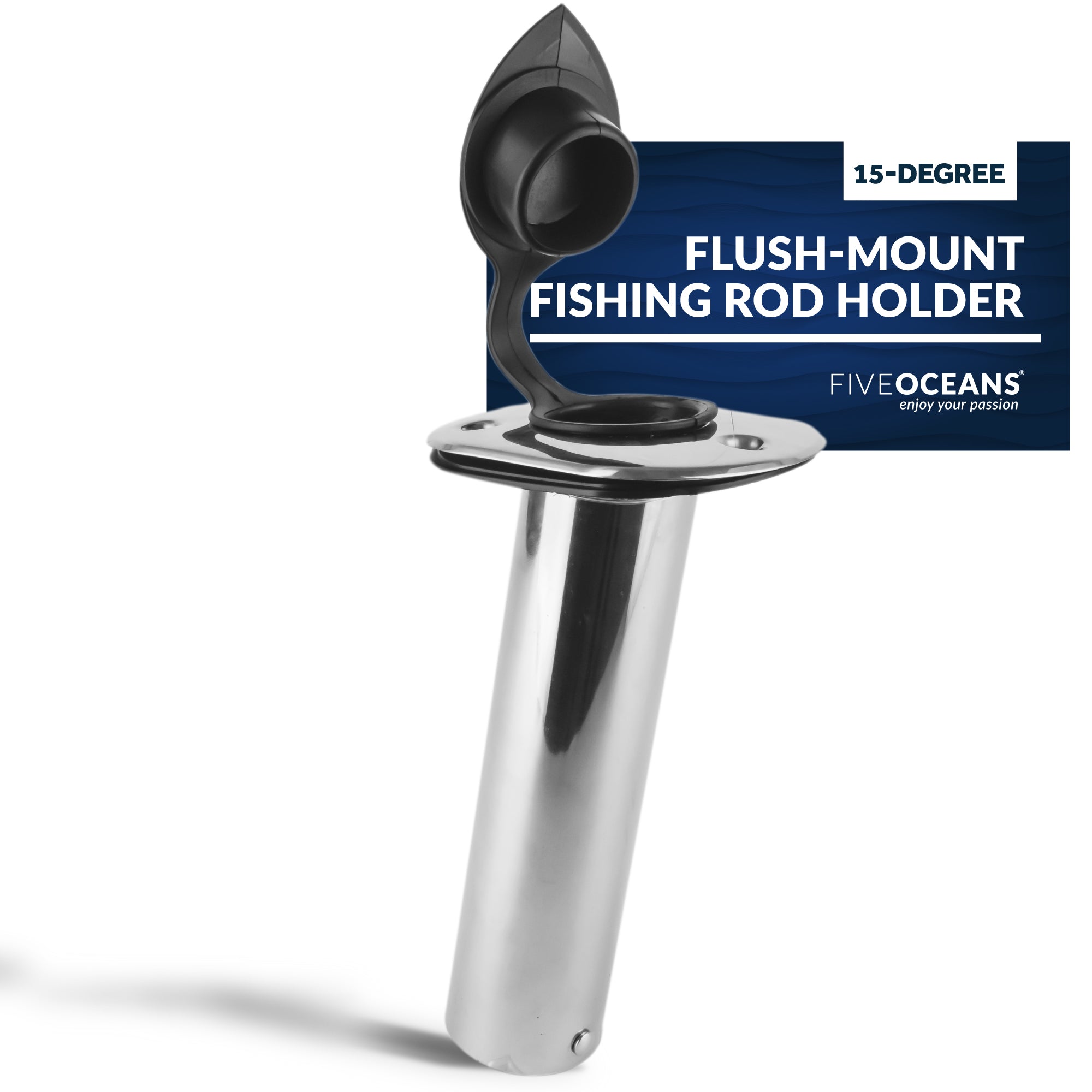 Five Oceans Flush-Mount Fishing Rod Holder 15-Degree Top Flange w/ Flip-Up Cap, Open Base End Stainless Steel Fo-4496