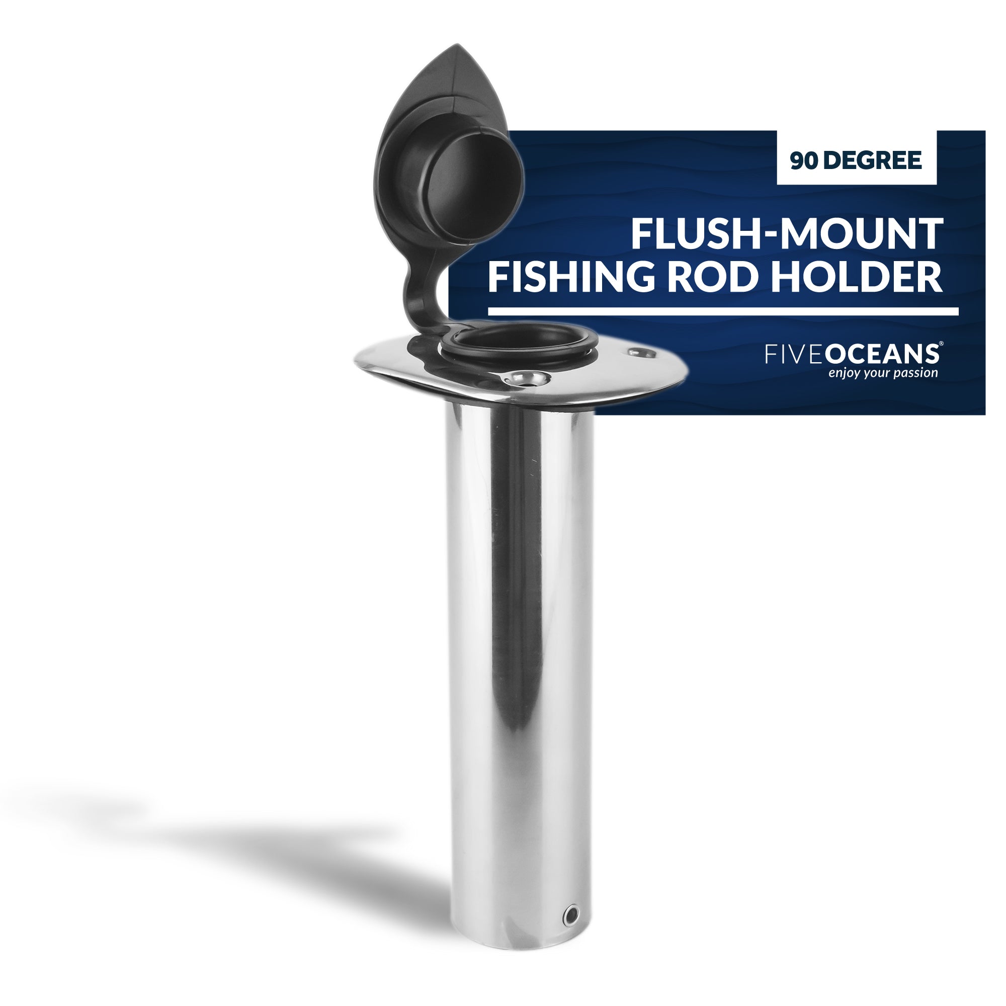 Five Oceans Flush-Mount Fishing Rod Holder 90-Degree Top Flange w/ Flip-Up Cap, Open Base End Stainless Steel Fo4498