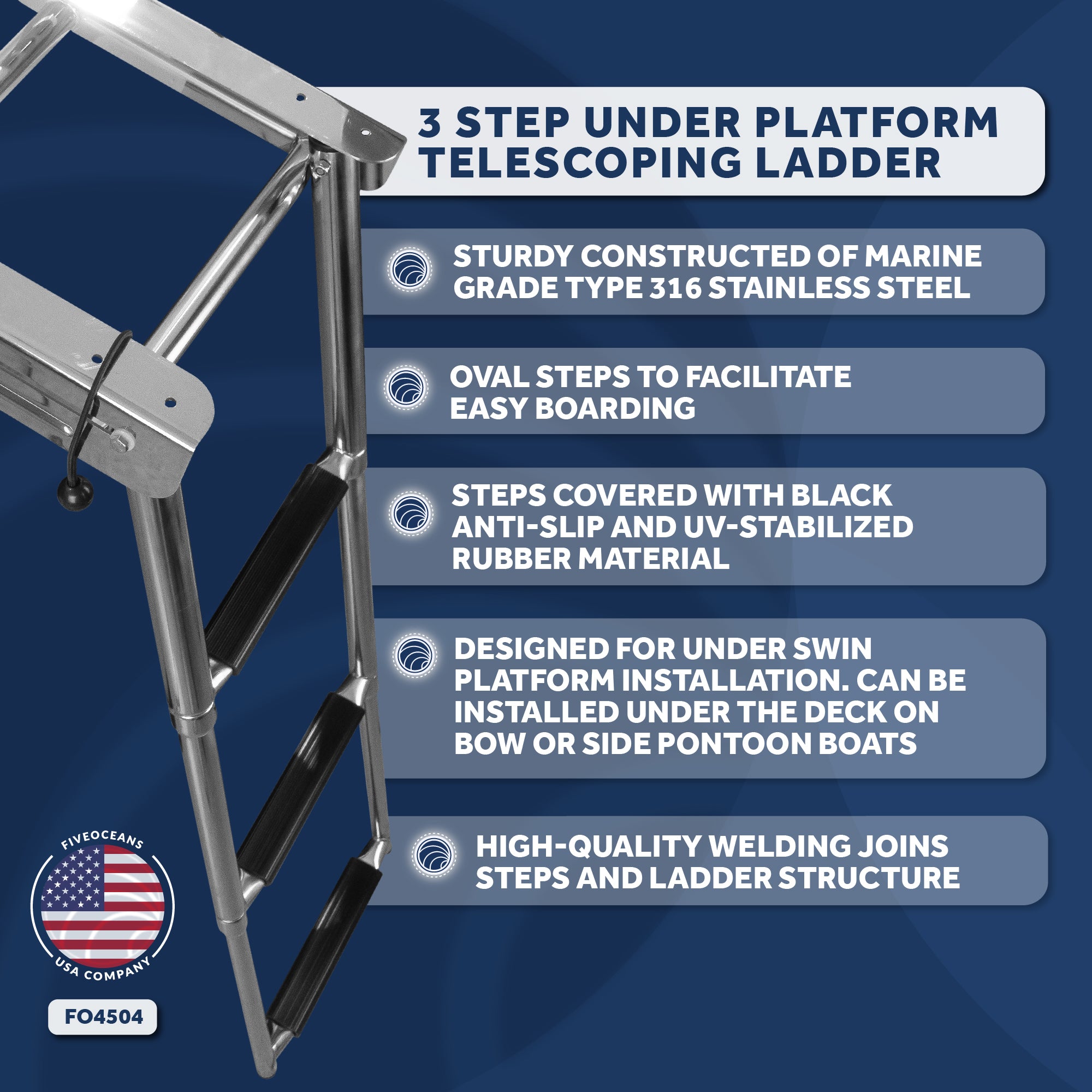 3 Step Boat Under Platform Telescoping Ladder, Stainless Steel - FO4504
