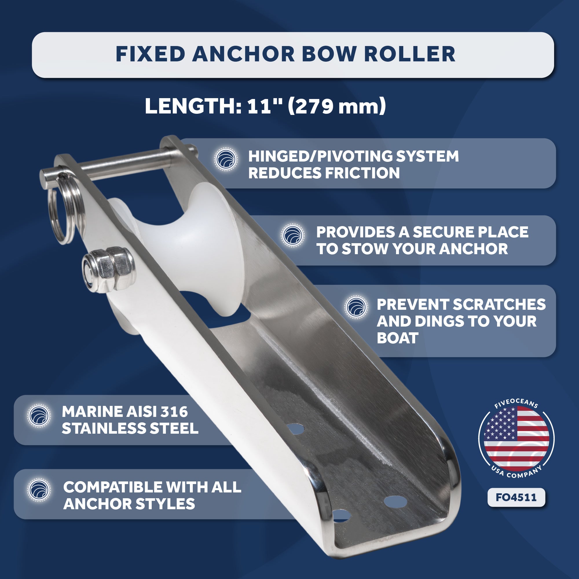 Fixed Anchor Bow Roller, Length11", Stainless Steel - FO4511