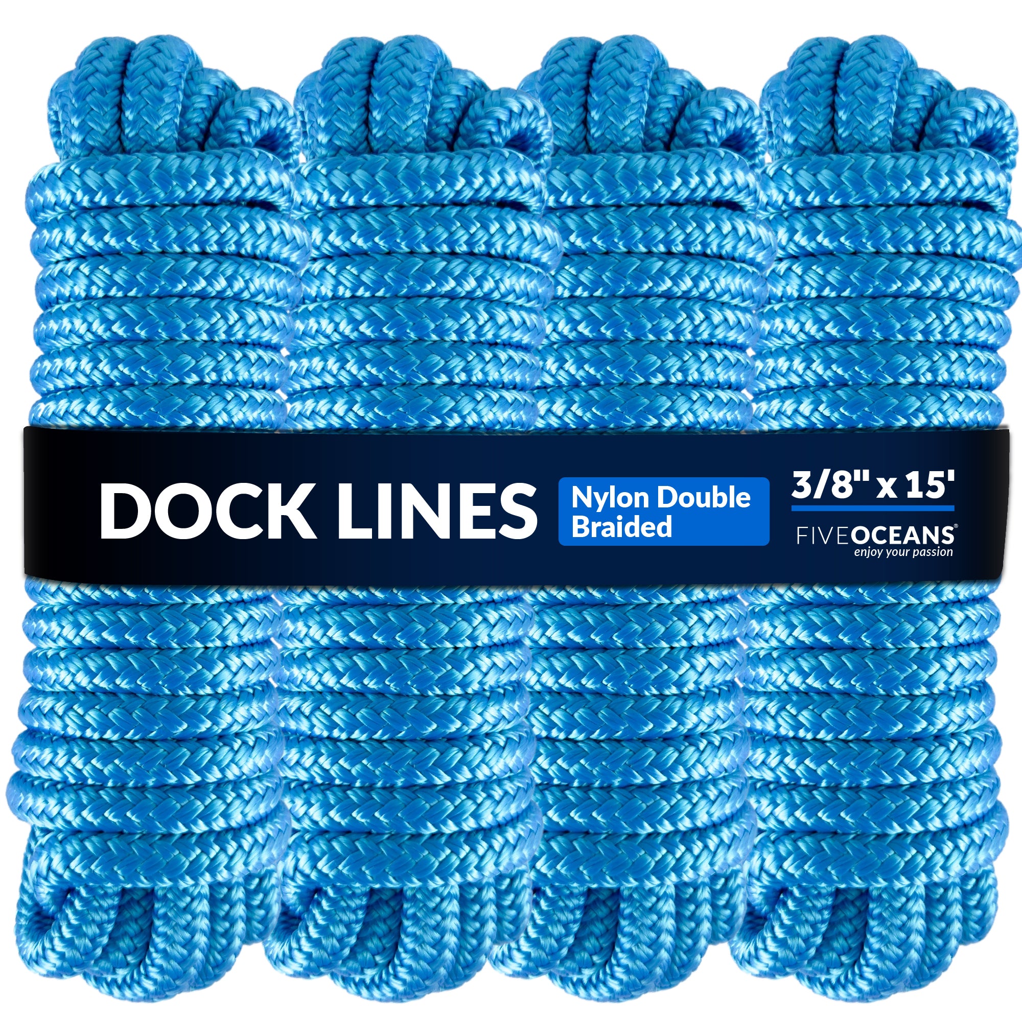 Dock Lines, 3/8" x 15', Light Blue Nylon Double Braided with 12" Eyelet, 4-Pack - FO4620-M4