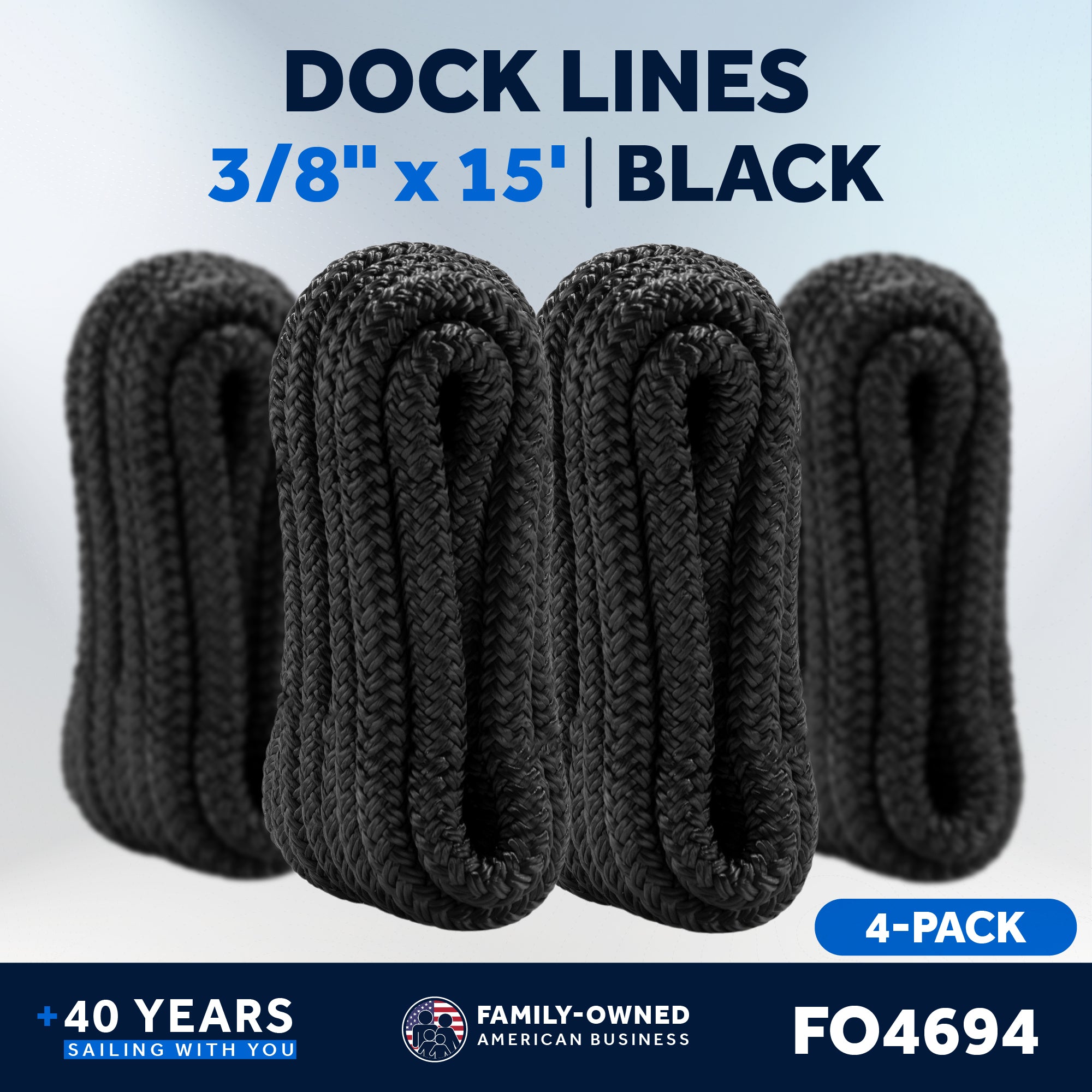 3/8" x 15' Boat Dock Lines with 12" Eyelet, 4-Pack, Black Premium Double Braid Nylon - FO4694