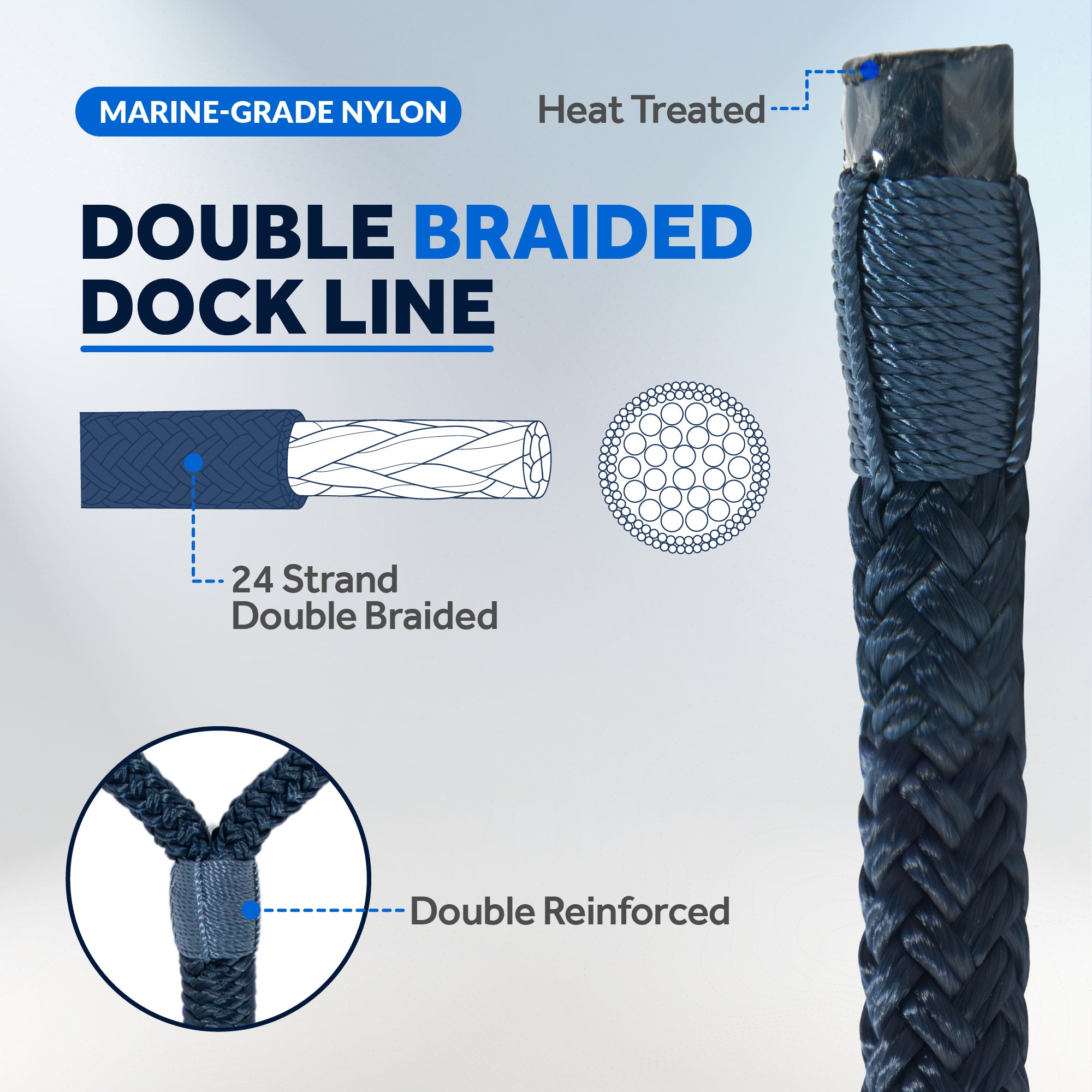 3/8" x 15' Boat Dock Lines with 12" Eyelet, 4-Pack, Navy Blue Premium Double Braid Nylon - FO4695