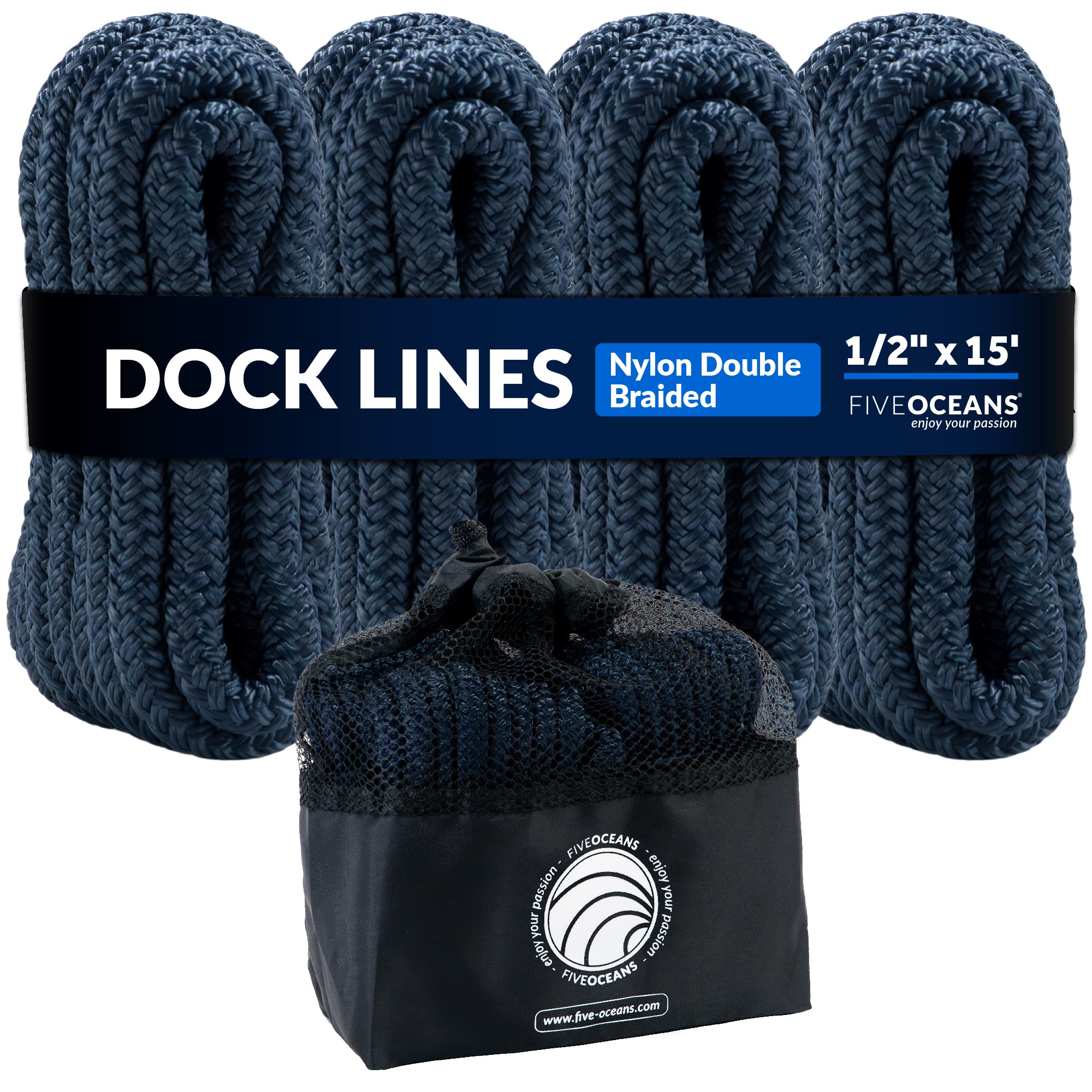 1/2" x 15' Boat Dock Lines with 12" Eyelet, 4-Pack, Navy Blue Premium Double Braid Nylon - FO4696