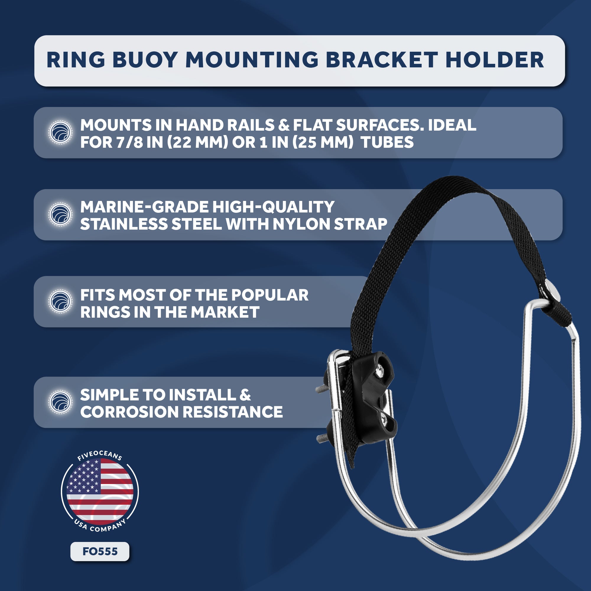 Ring Buoy Mounting Bracket Holder with Strap, Stainless Steel, Rail/Flat Mount - FO555