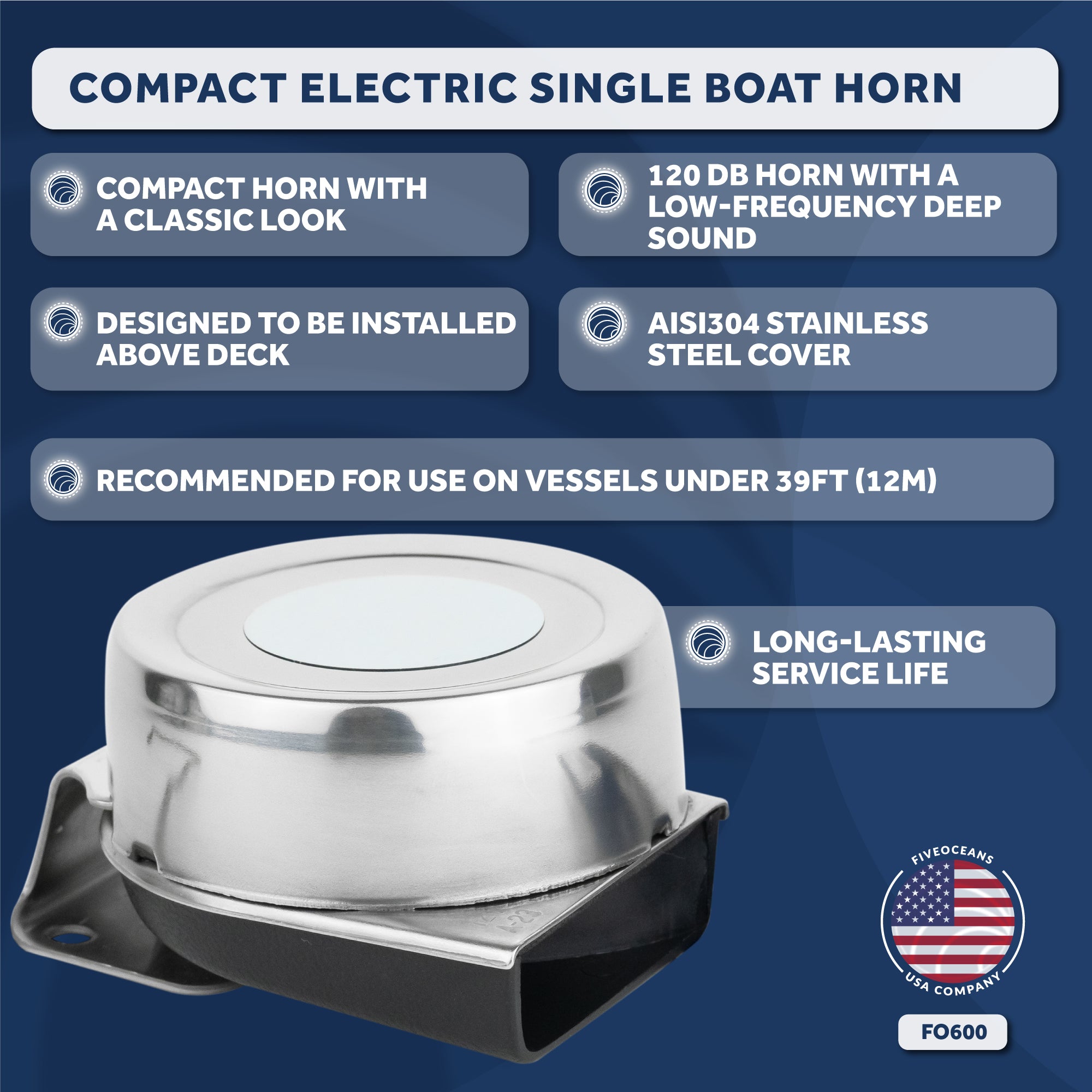 Boat Horn, 120 dB, Stainless Steel Cover, 12V - FO600 - Five Oceans