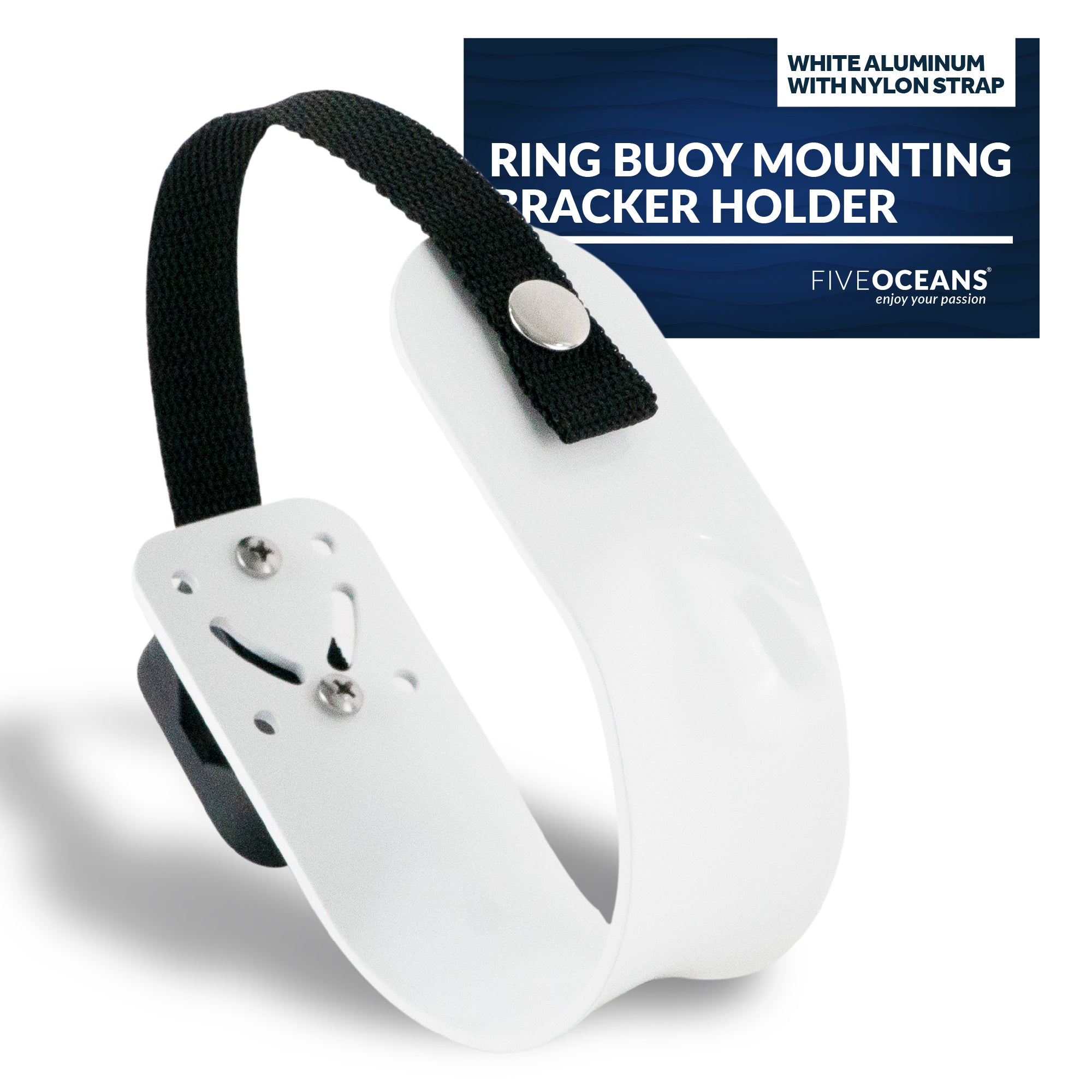 Ring Buoy Mounting Bracket Holder with Strap, White Painted Aluminum, Flat Mount - FO76