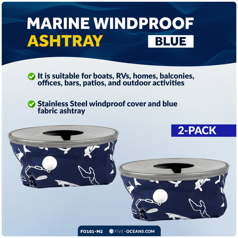 Windproof Ashtray, Blue, Stainless Steel & Fabric, 2-Pack - FO101-M2 - Five Oceans