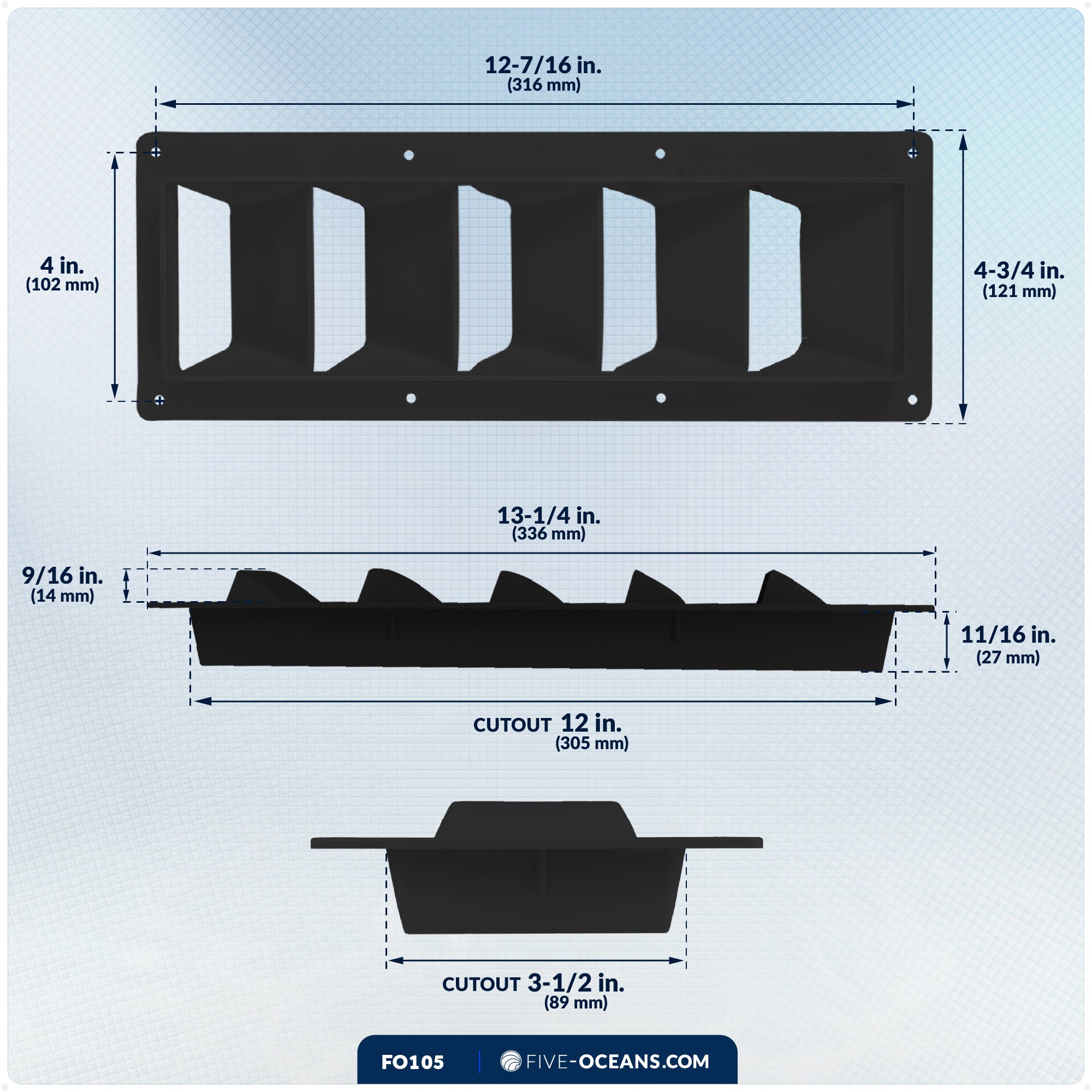 5-Slotted Louvered Ventilators, 13-1/4-Inch x  4-3/4-Inch, Black - FO105 - Five Oceans