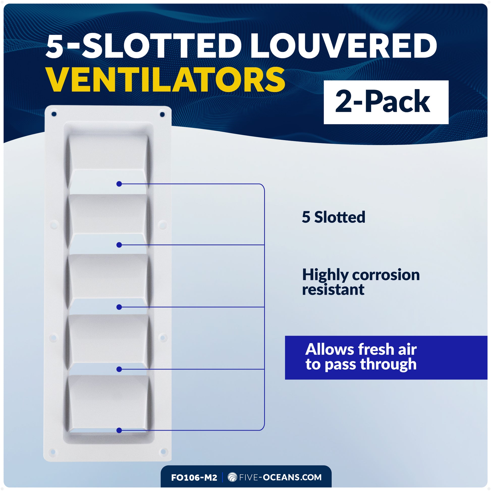 5-Slotted Louvered Ventilators, 13-1/4-Inch x  4-3/4-Inch, White, 2-Pack - FO106-M2 - Five Oceans