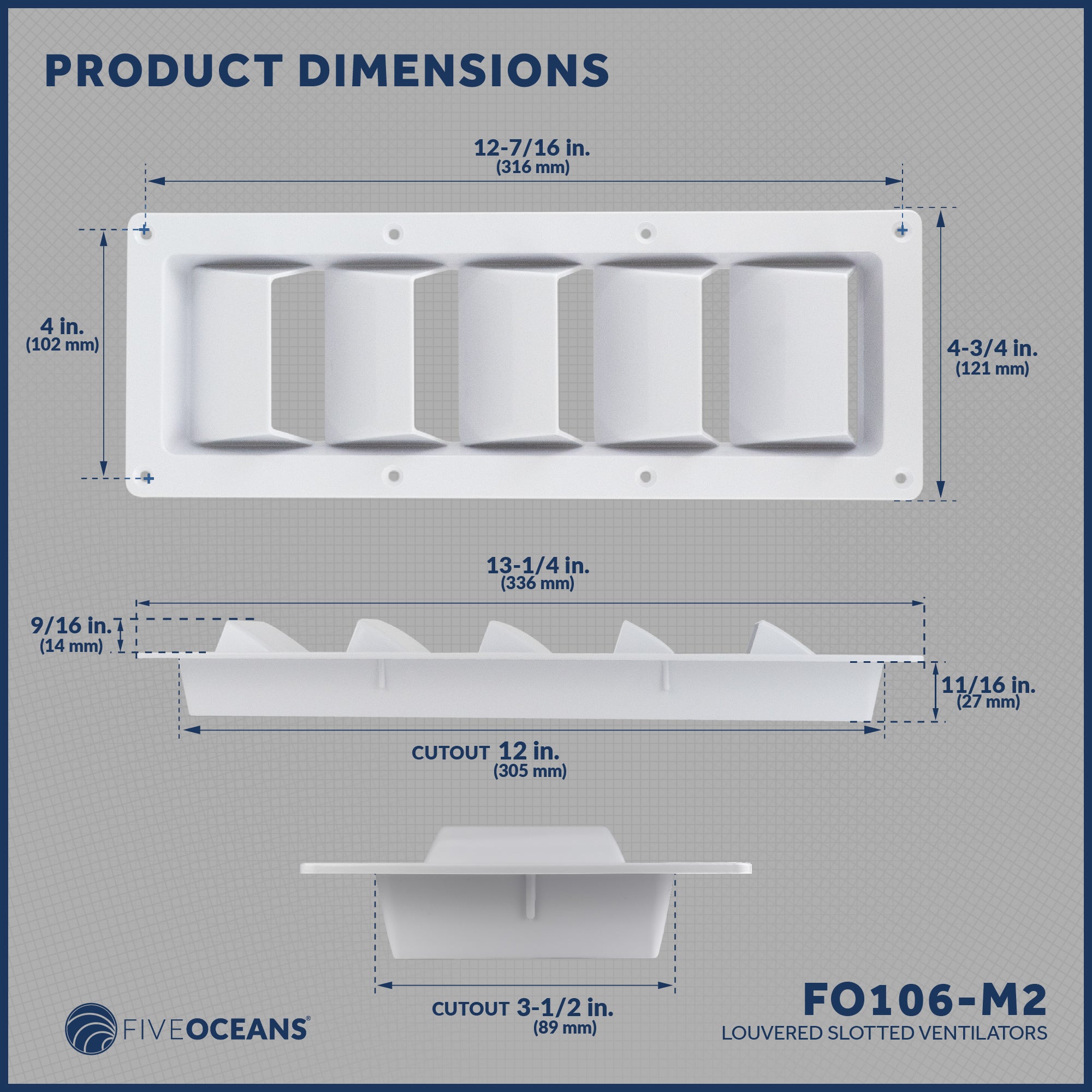 5-Slotted Louvered Ventilators, 13-1/4-Inch x  4-3/4-Inch, White, 2-Pack - FO106-M2