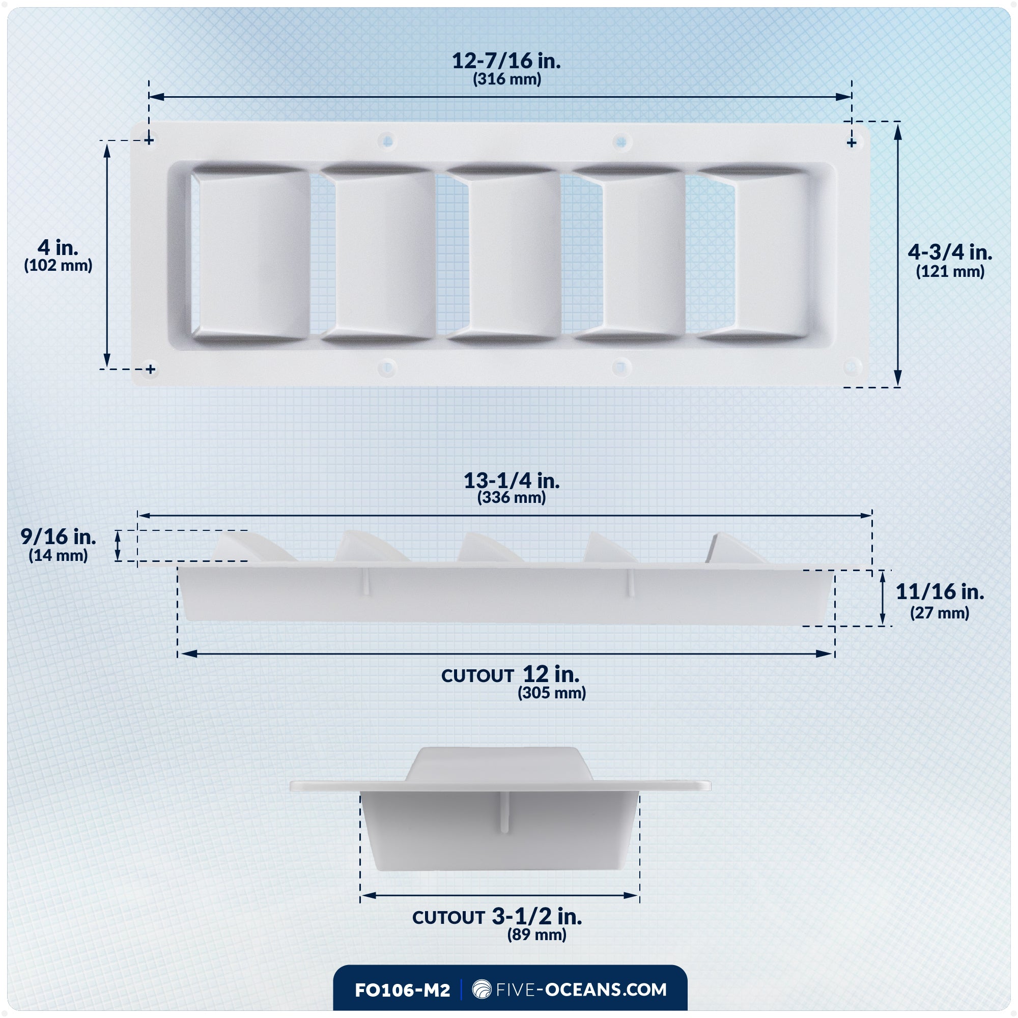 5-Slotted Louvered Ventilators, 13-1/4-Inch x  4-3/4-Inch, White, 2-Pack - FO106-M2 - Five Oceans