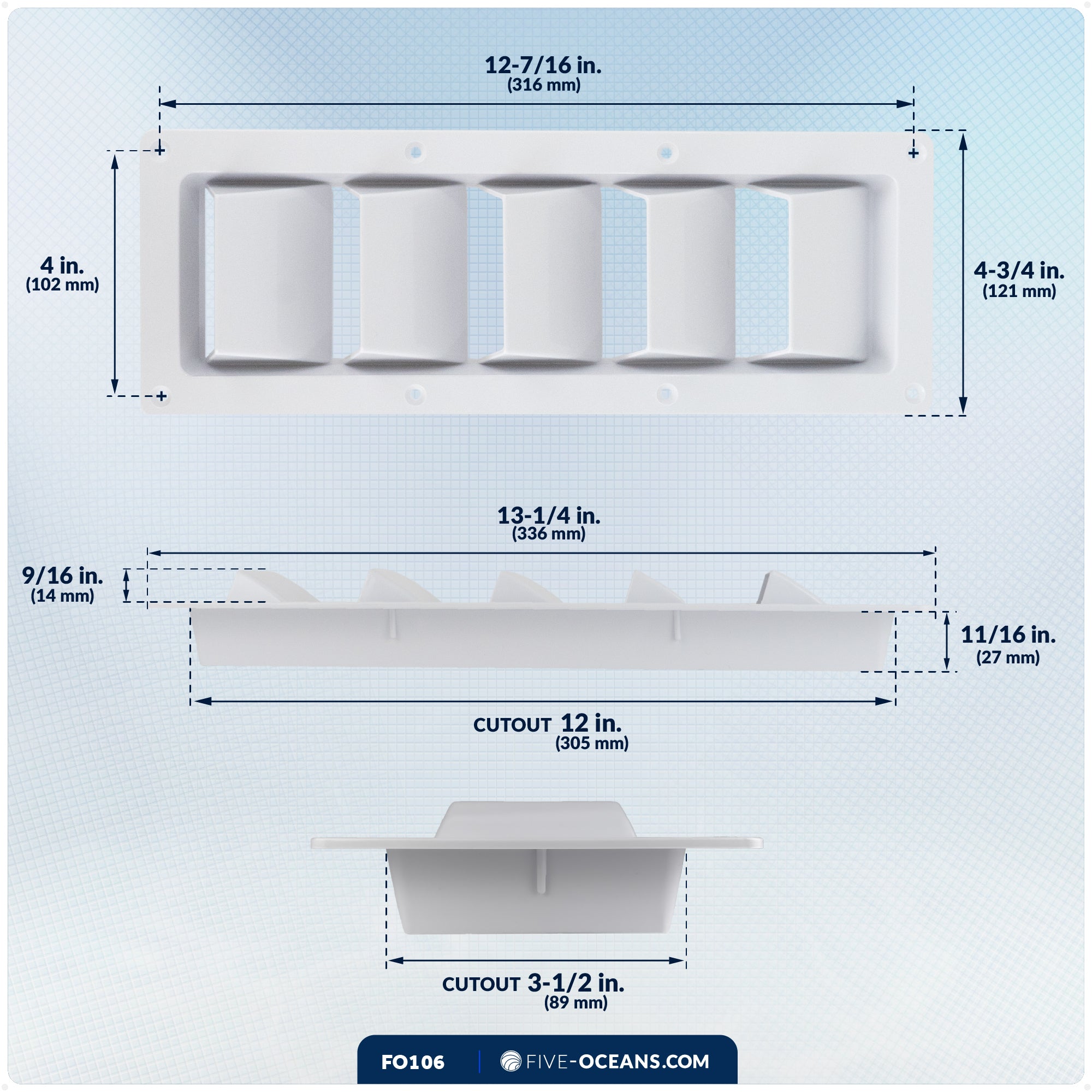 5-Slotted Louvered Ventilators, 13-1/4-Inch x  4-3/4-Inch, White - FO106