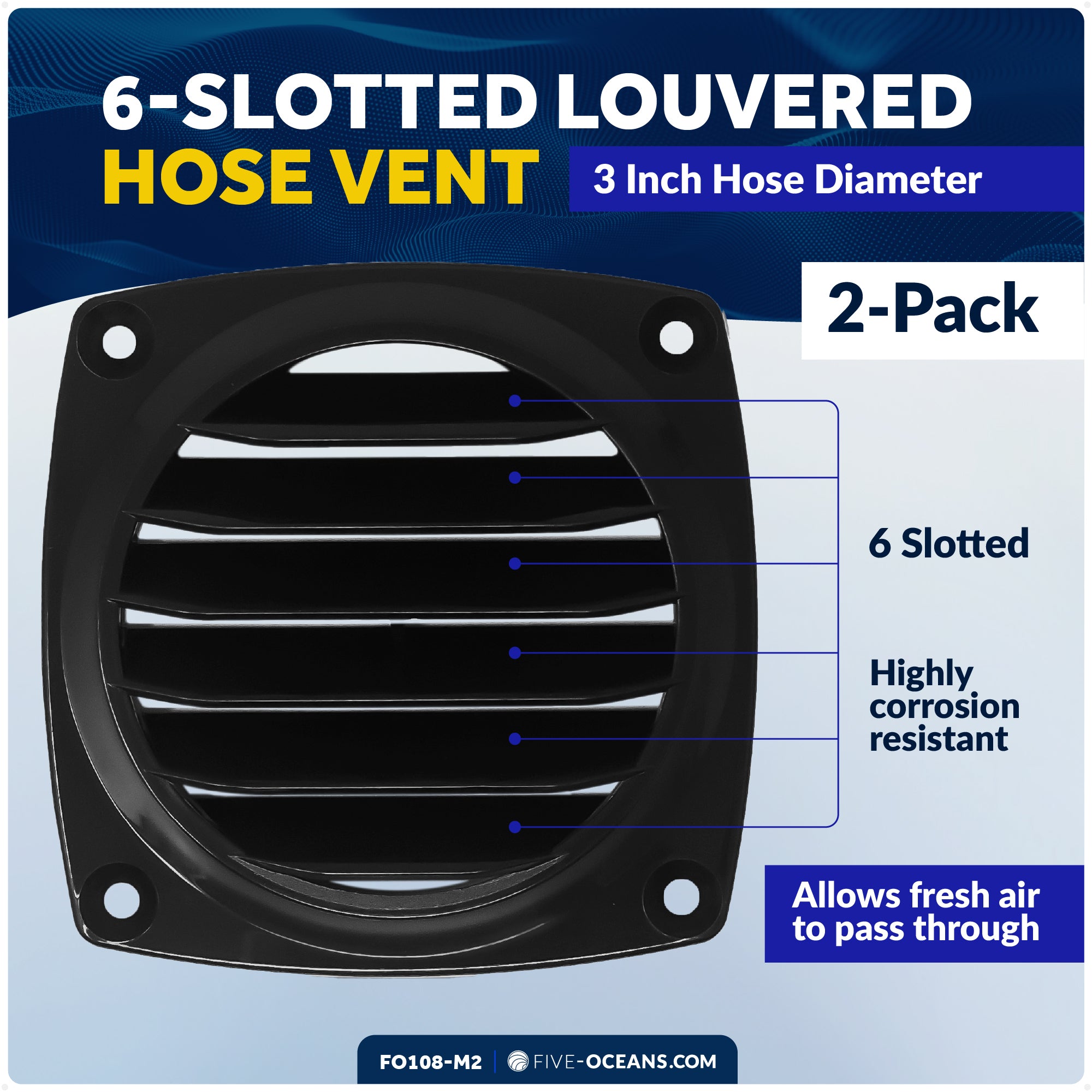 6-Slotted Louvered Hose Vent, 3-inch Hose Diameter, Black, 2-Pack - FO108-M2 - Five Oceans