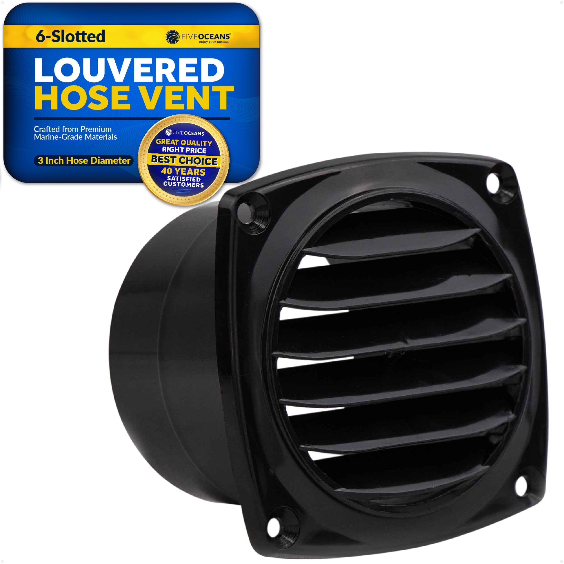 6-Slotted Louvered Hose Vent, 3-inch Hose Diameter, Black - FO108 - Five Oceans