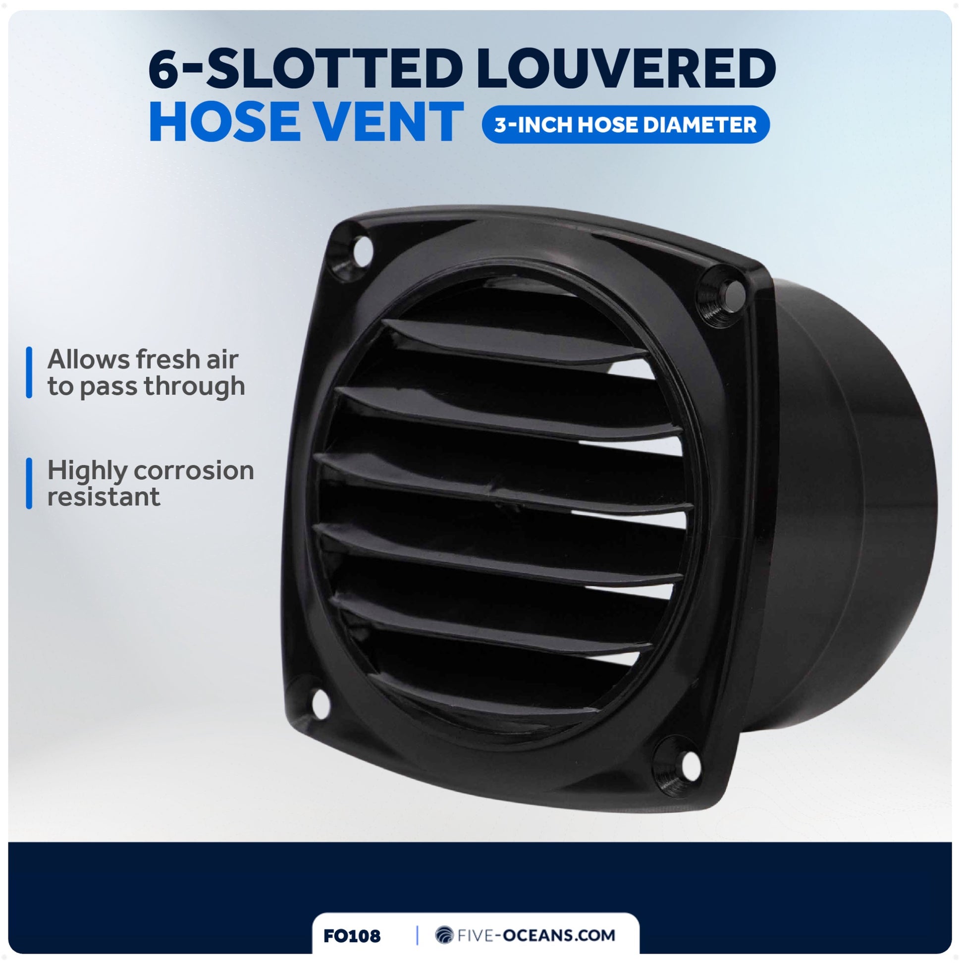 6-Slotted Louvered Hose Vent, 3-inch Hose Diameter, Black - FO108 - Five Oceans