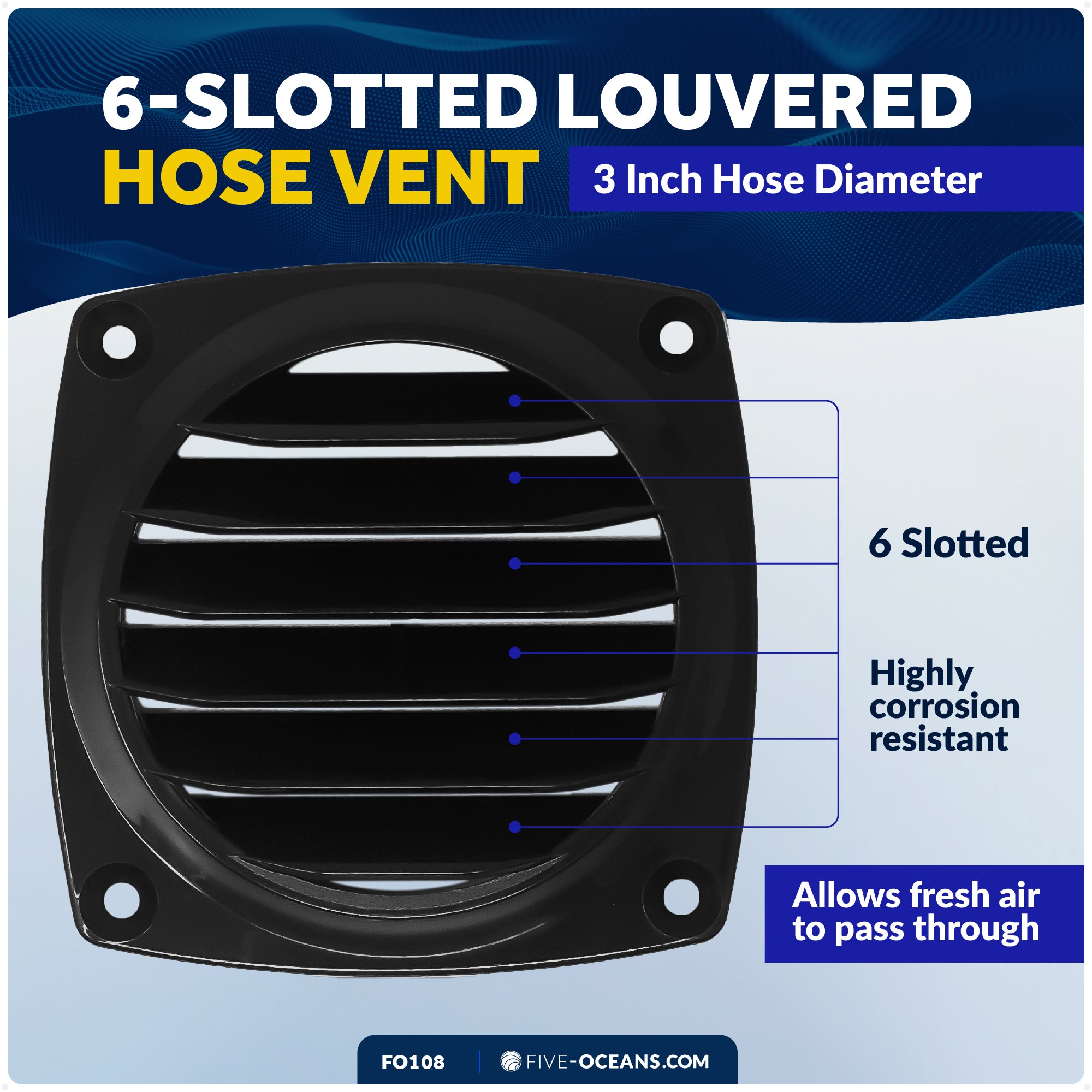 6-Slotted Louvered Hose Vent, 3" Hose Diameter, Black - FO108 - Five Oceans