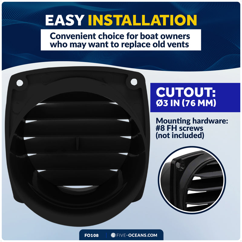 6-Slotted Louvered Hose Vent, 3" Hose Diameter, Black - FO108 - Five Oceans