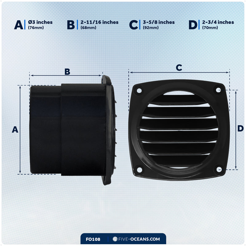 6-Slotted Louvered Hose Vent, 3" Hose Diameter, Black - FO108 - Five Oceans