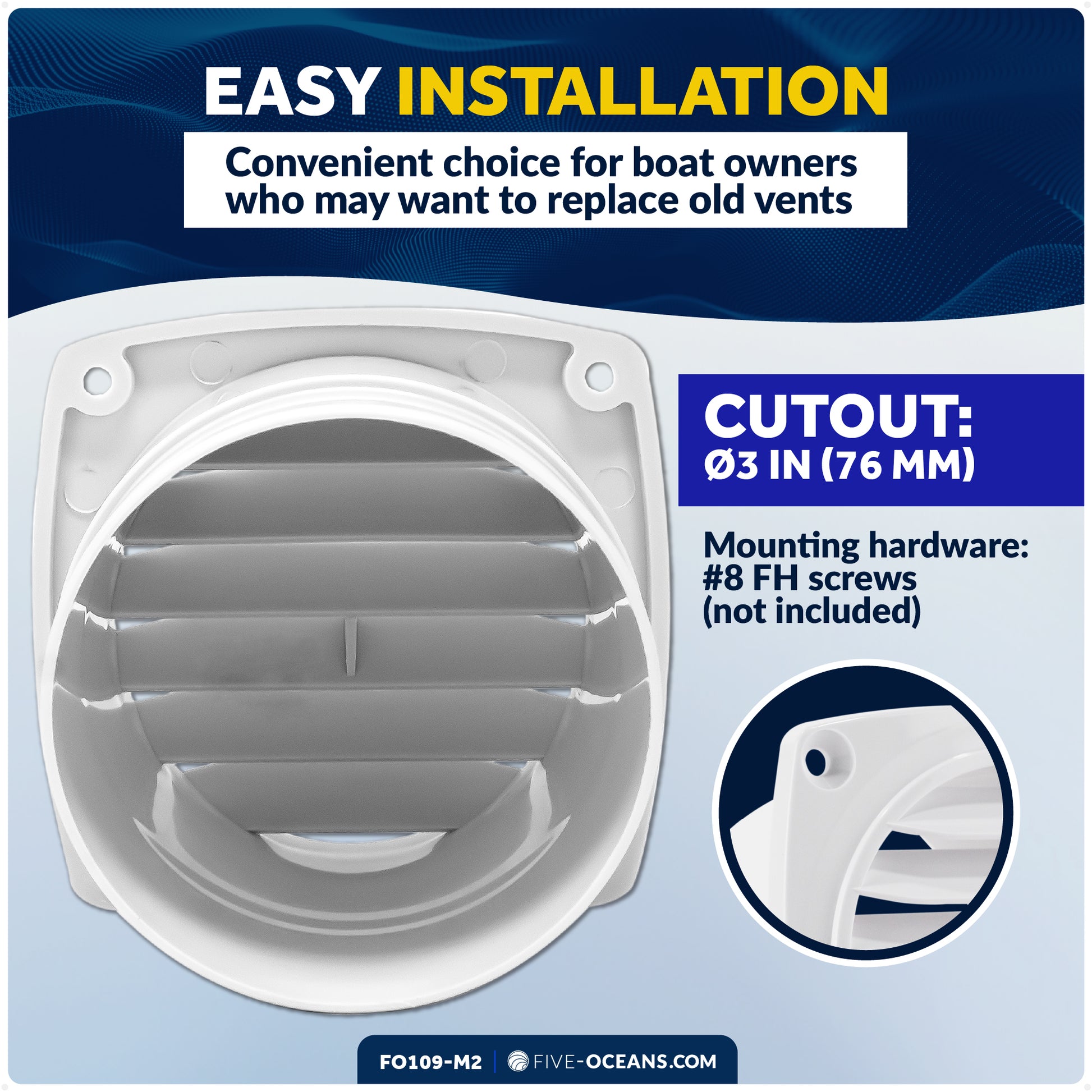 6-Slotted Louvered Hose Vent, 3-inch Hose Diameter, White, 2-Pack - FO109-M2 - Five Oceans