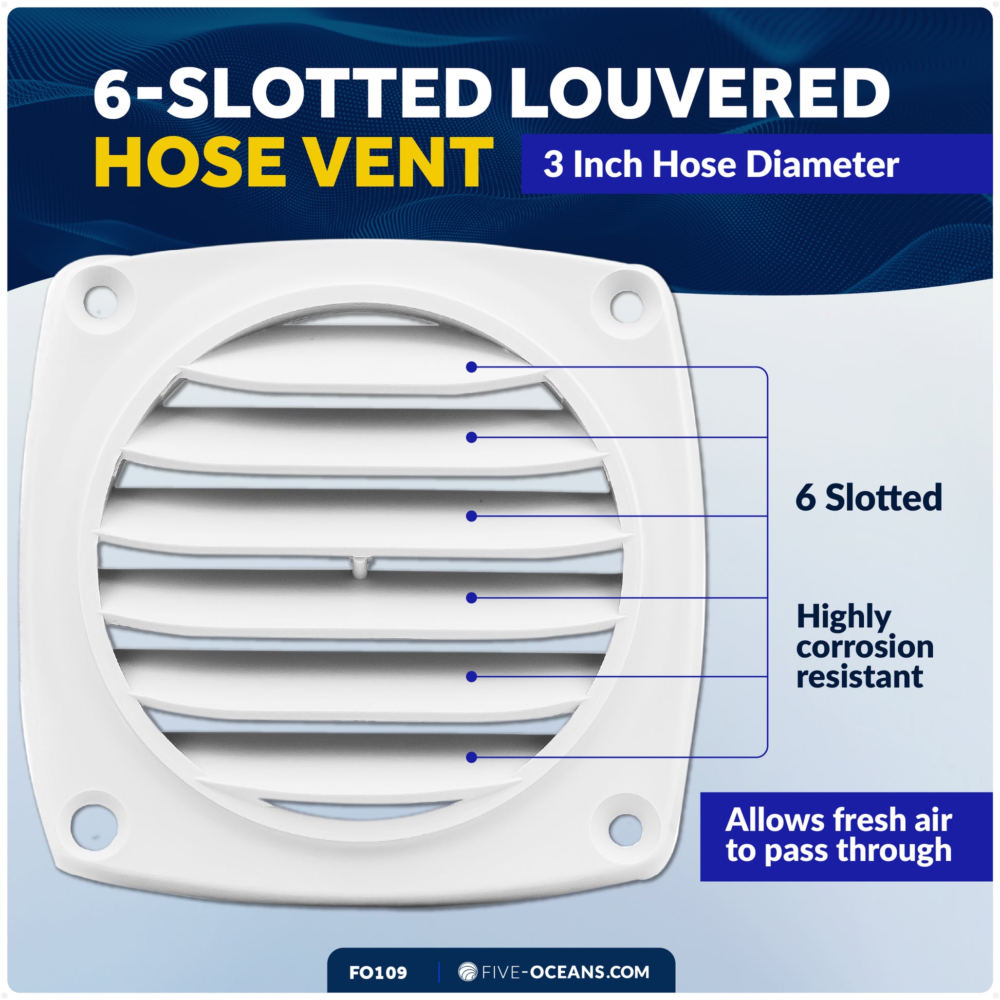 6-Slotted Louvered Hose Vent, 3-inch Hose Diameter, White - FO109 - Five Oceans