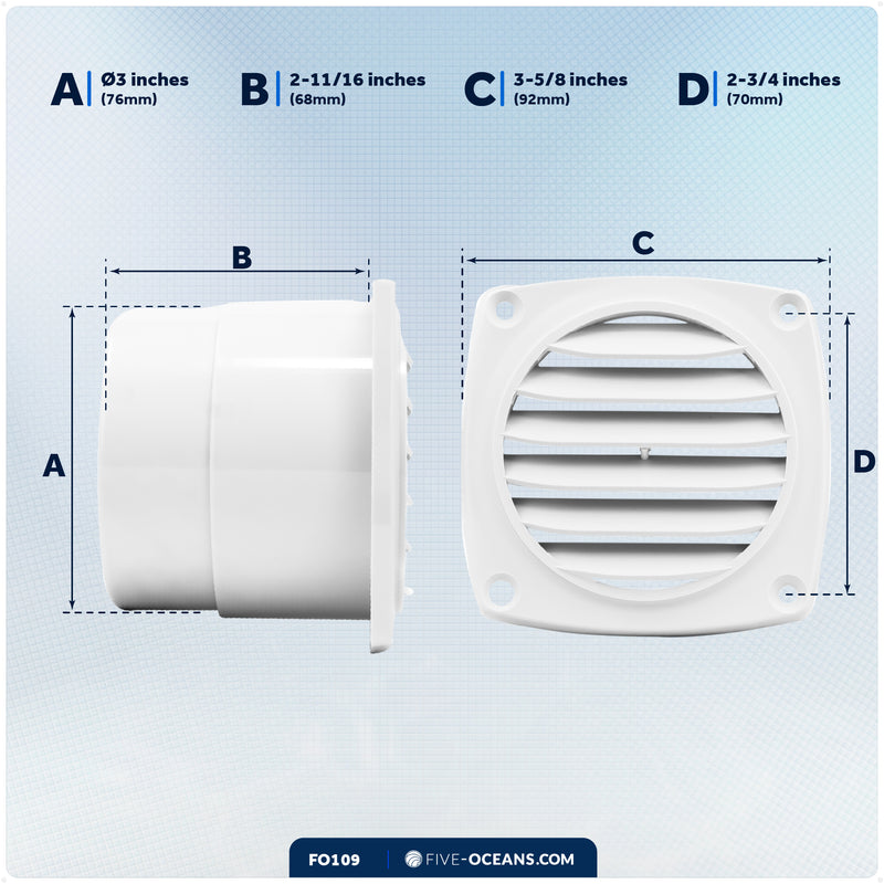 6-Slotted Louvered Hose Vent, 3" Hose Diameter, White - FO109 - Five Oceans