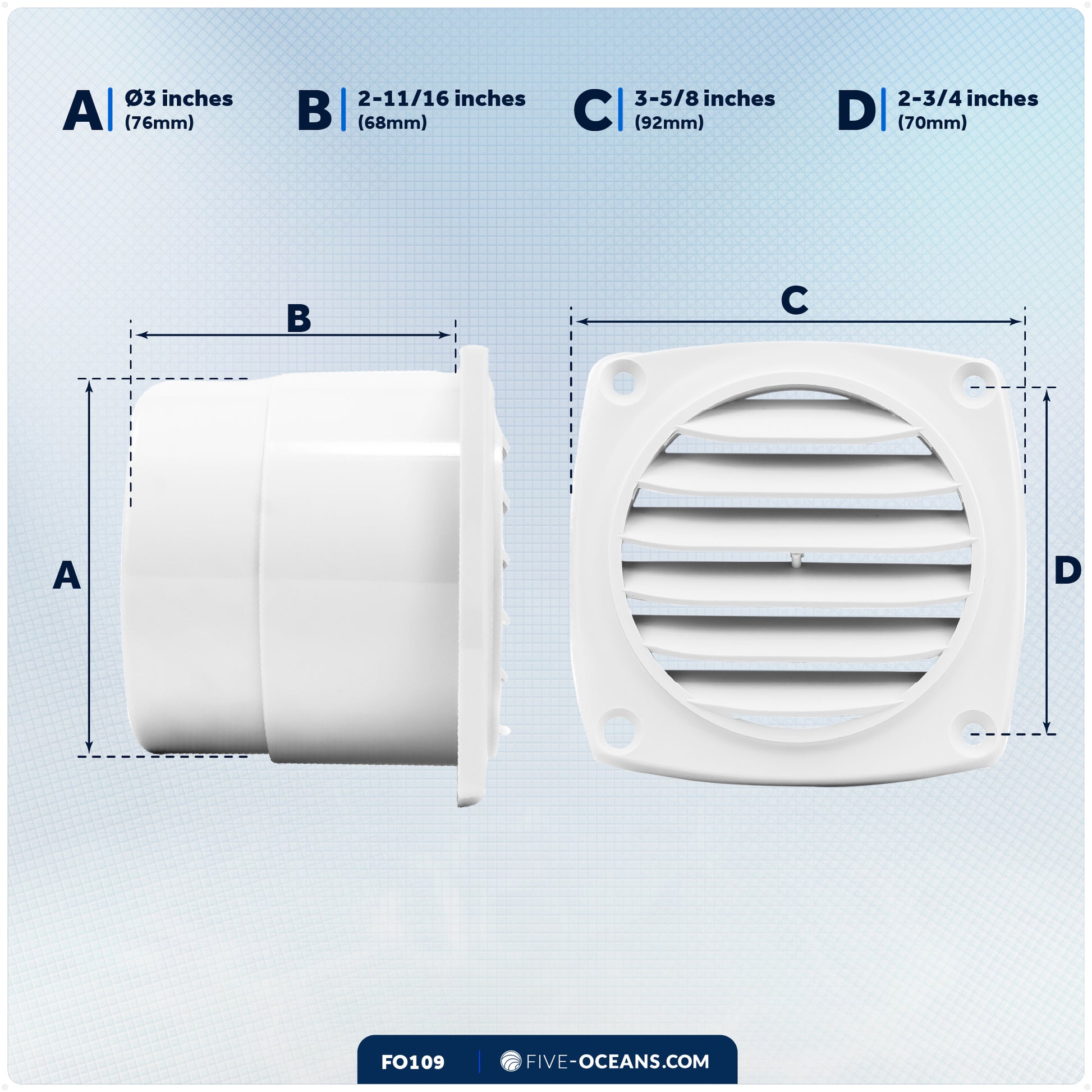 6-Slotted Louvered Hose Vent, 3-inch Hose Diameter, White - FO109 - Five Oceans