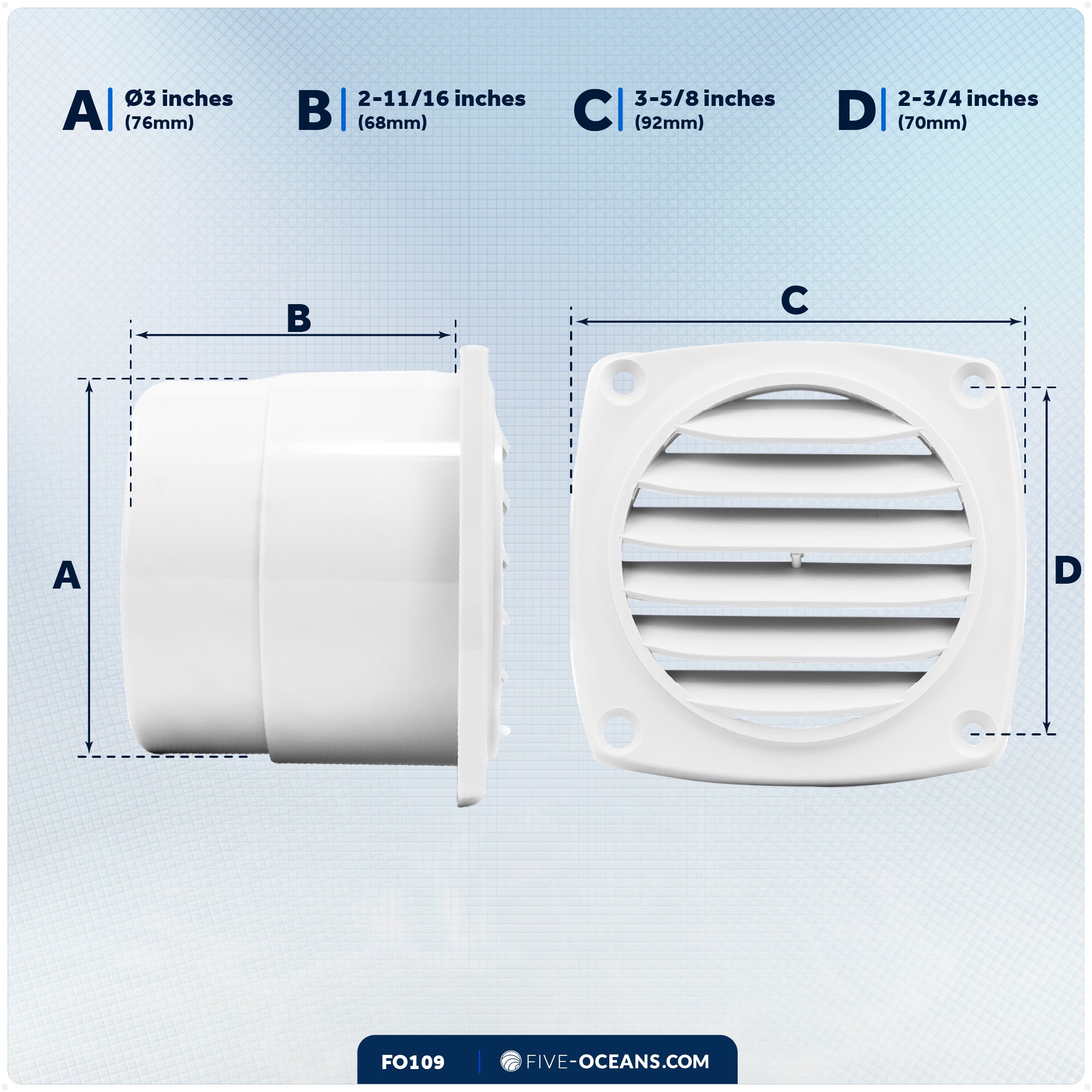 6-Slotted Louvered Hose Vent, 3-inch Hose Diameter, White - FO109 - Five Oceans