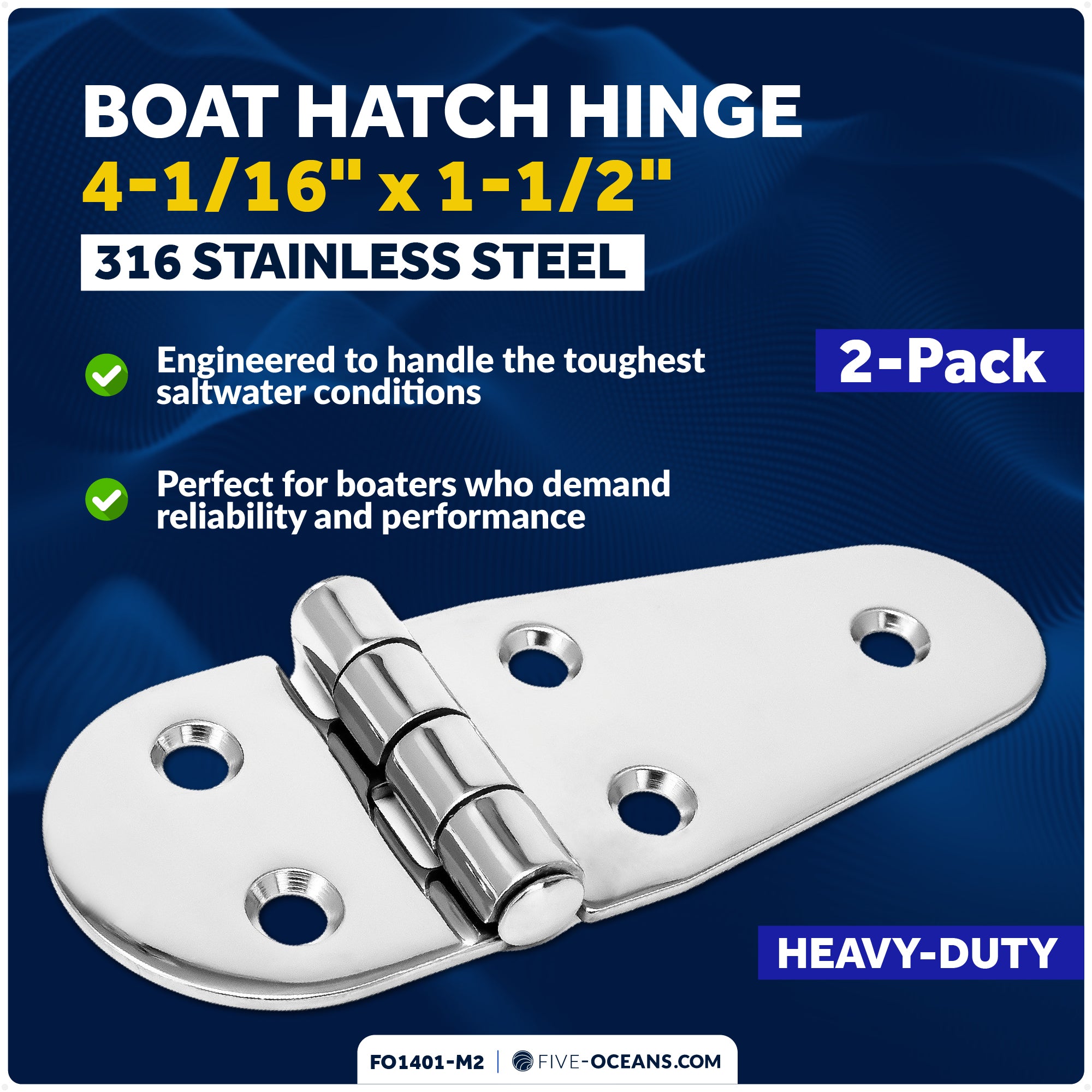 Hatch Hinge 4-1/16" x 1-1/2", AISI 316 Stainless Steel, 2-Pack - FO1401-M2 - Five Oceans