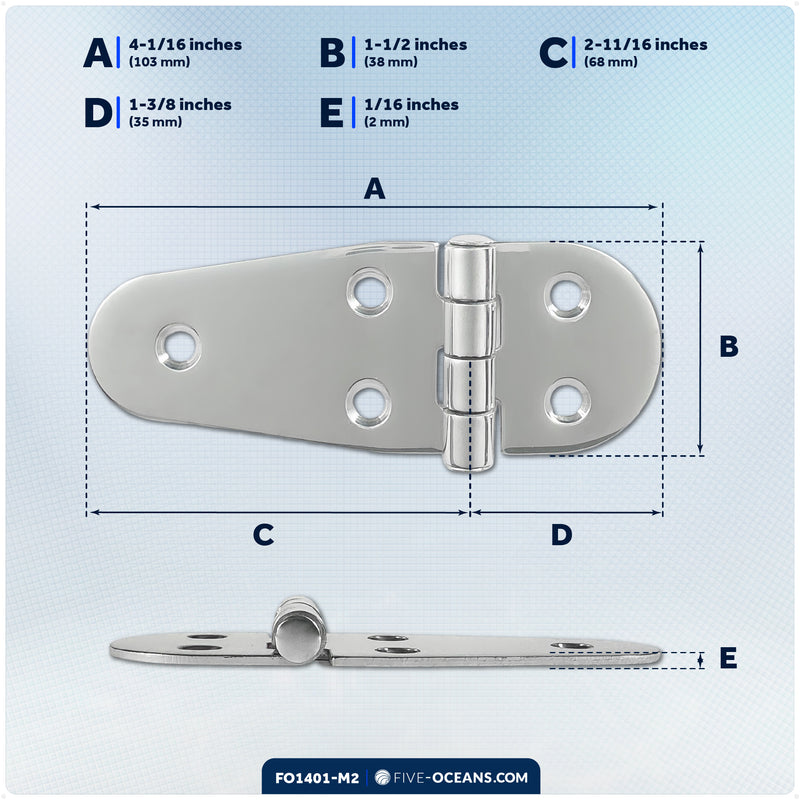 Hatch Hinge 4-1/16" x 1-1/2", AISI 316 Stainless Steel, 2-Pack - FO1401-M2 - Five Oceans