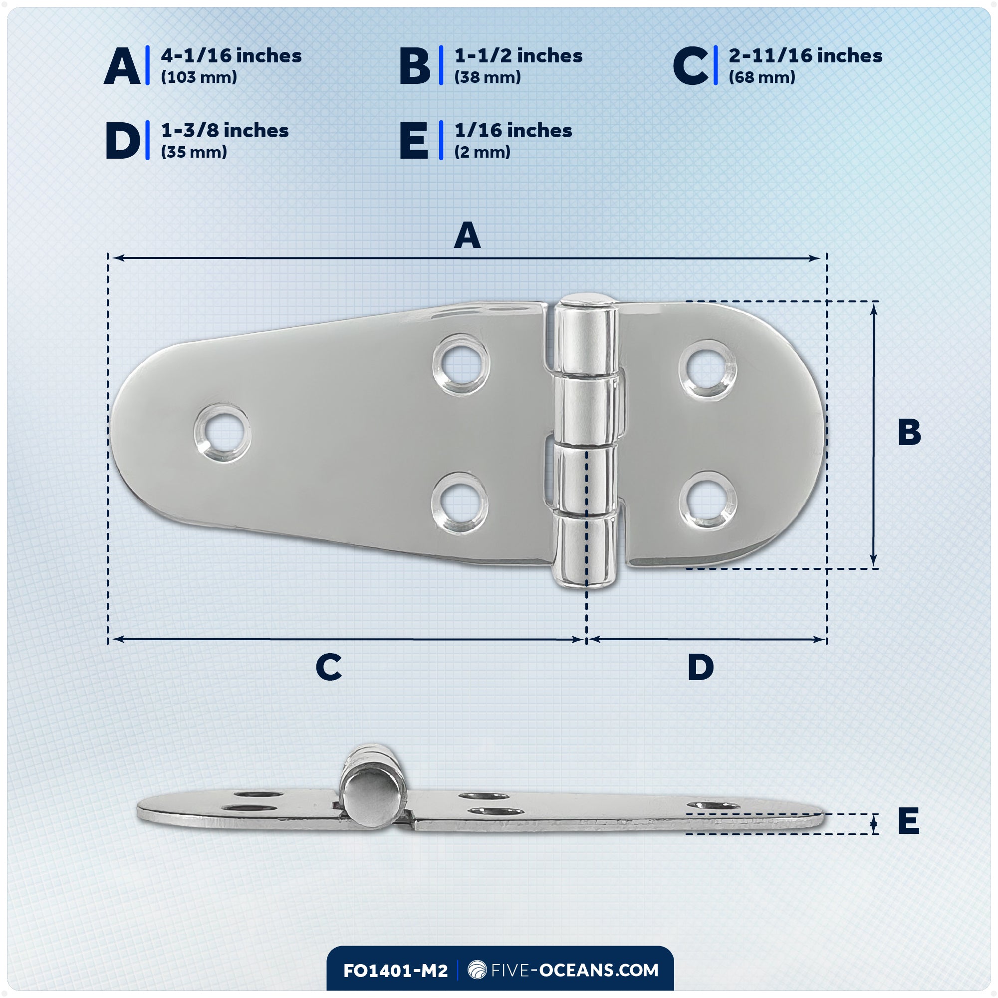 Hatch Hinge 4-1/16" x 1-1/2", AISI 316 Stainless Steel, 2-Pack - FO1401-M2 - Five Oceans