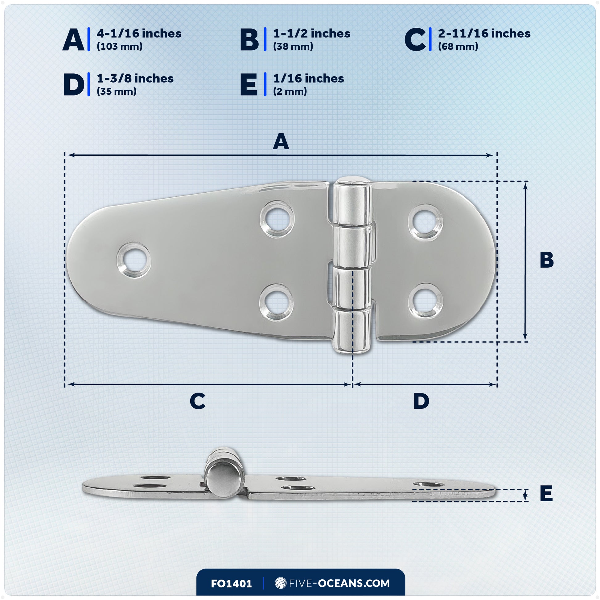 Boat Hatch Hinges 4-1/16" x 1-1/2", 316 Stainless Steel - FO1401 - Five Oceans