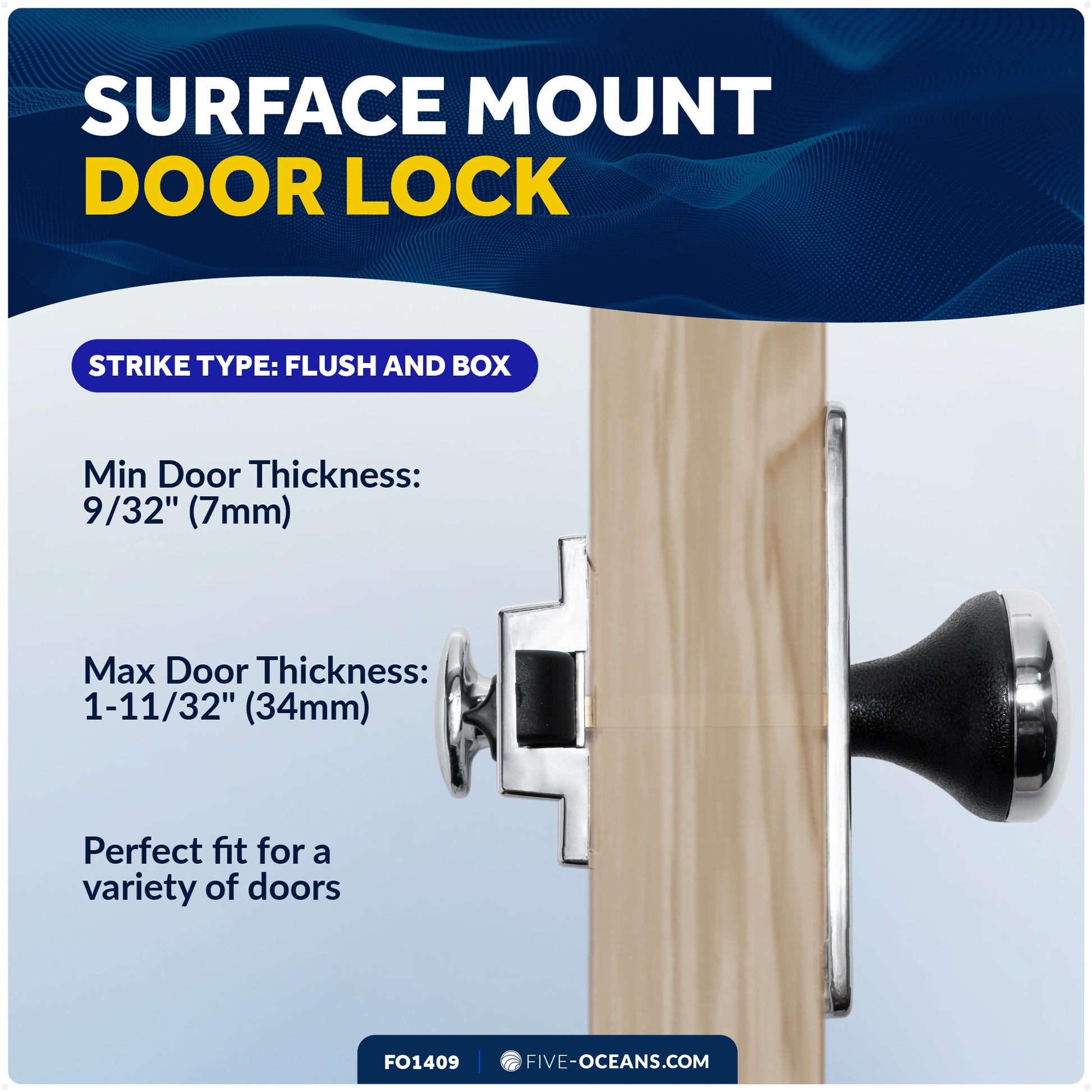 Boat Door Latch Lock, Surface Mount, Chrome Plated Finish - FO1409 - Five Oceans