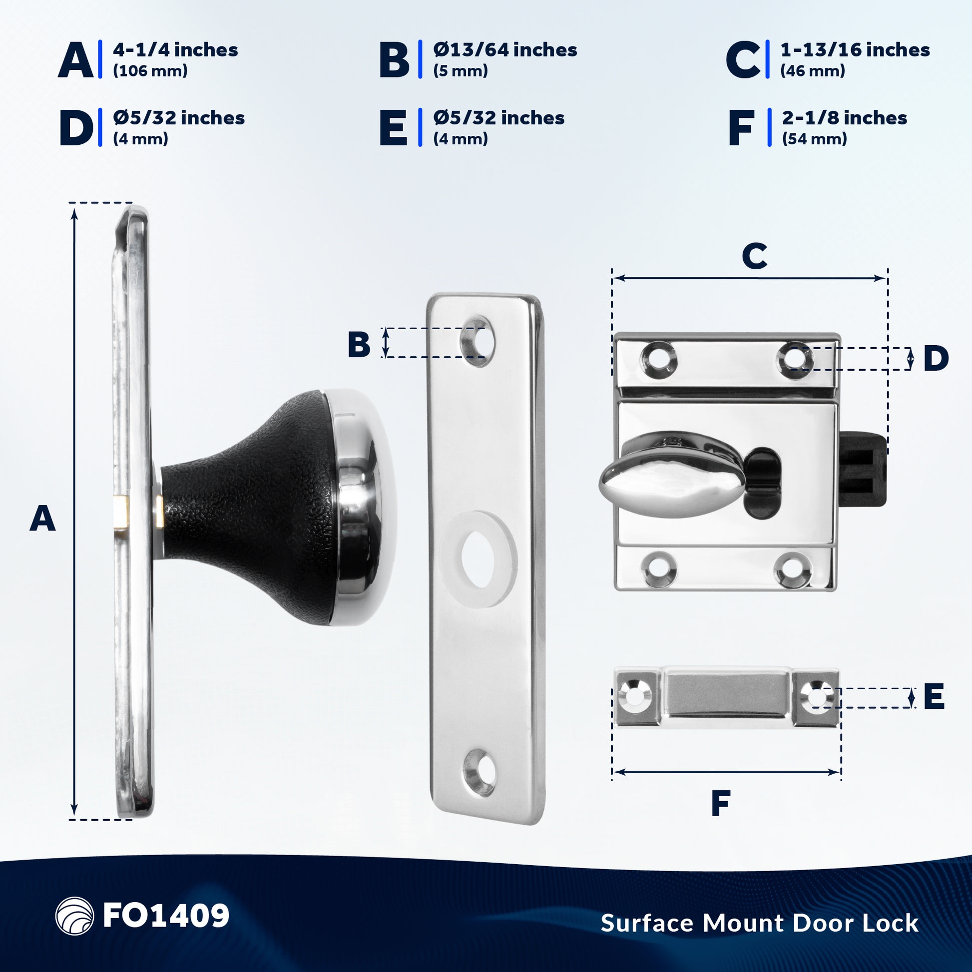 Boat Door Latch Lock, Surface Mount, Chrome Plated Finish - FO1409 - Five Oceans