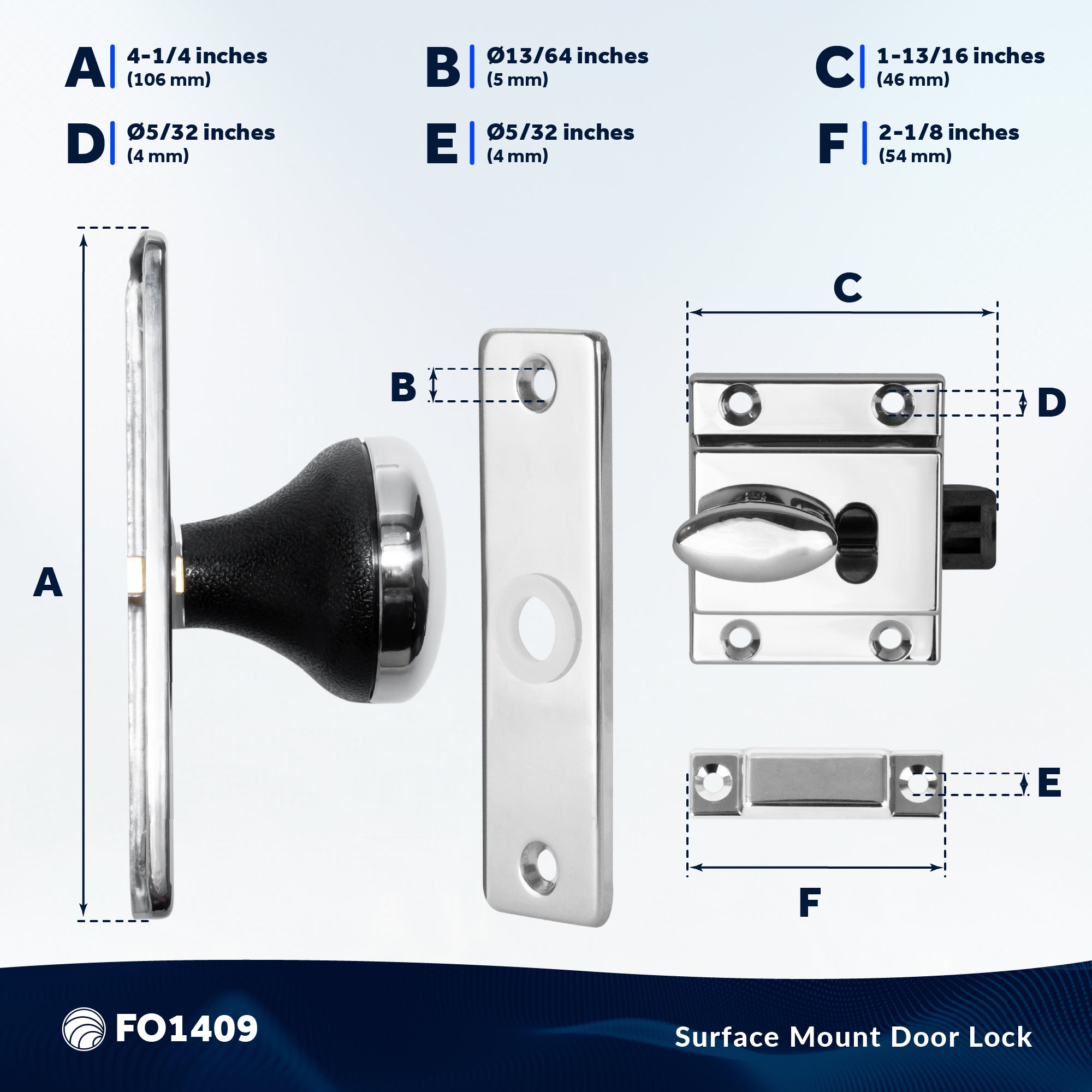 Boat Door Latch Lock, Surface Mount, Chrome Plated Finish - FO1409 - Five Oceans