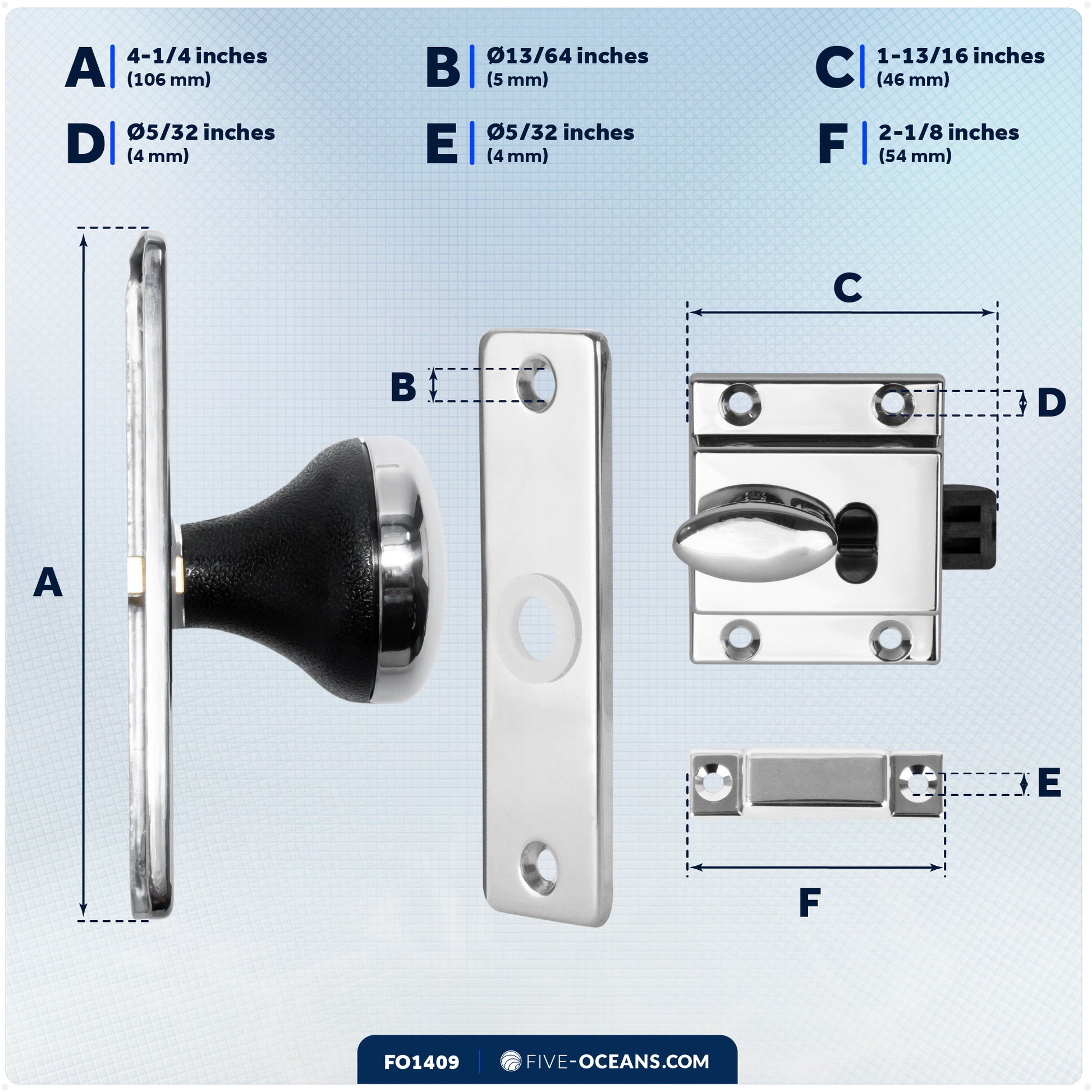 Boat Door Latch Lock, Surface Mount, Chrome Plated Finish - FO1409 - Five Oceans