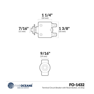 15 Amp Push-Button Reset Circuit Breaker 125-250V AC / 50V DC - FO1432 - Five Oceans