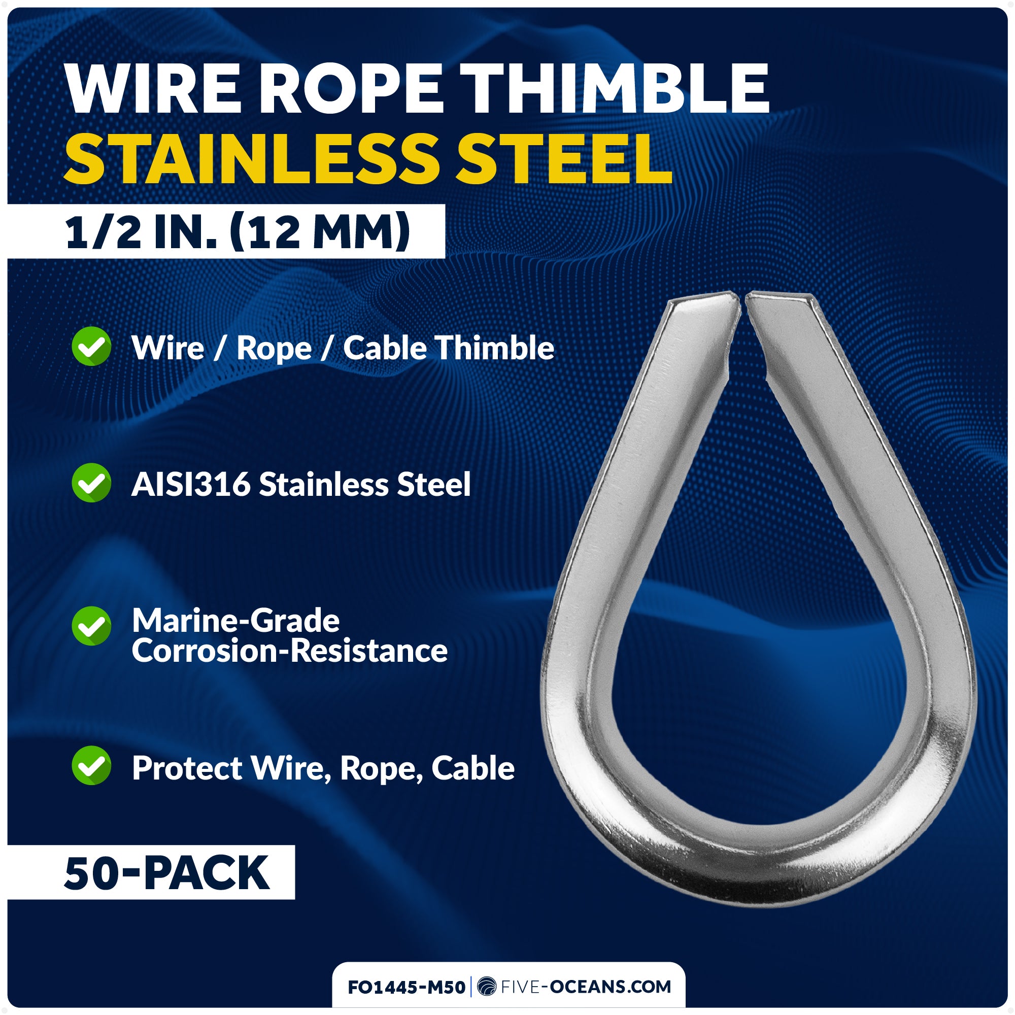 1/2" Wire Rope Thimble, AISI316 Stainless Steel, 50-Pack - FO1445-M50