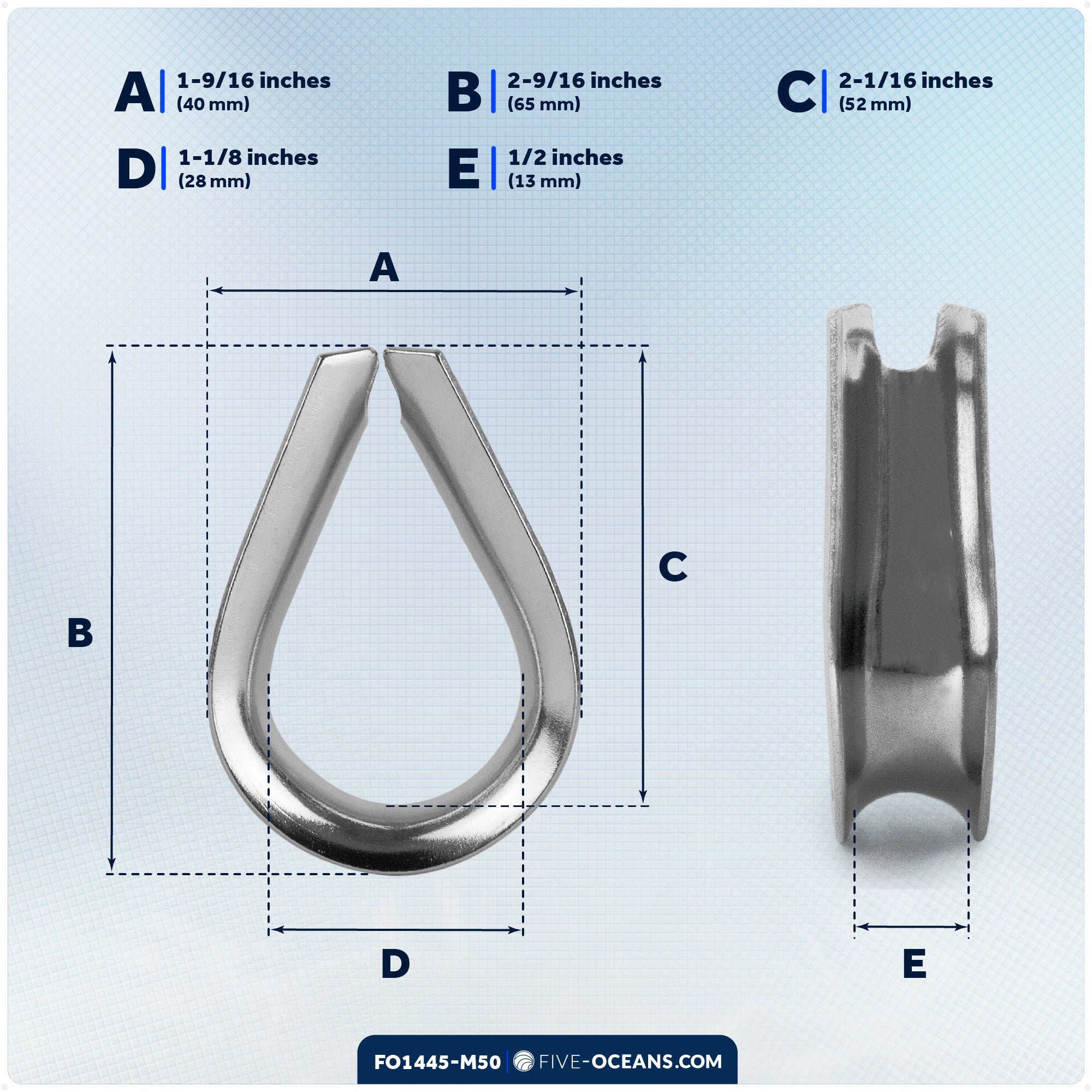 1/2" Wire Rope Thimble, AISI316 Stainless Steel, 50-Pack - FO1445-M50