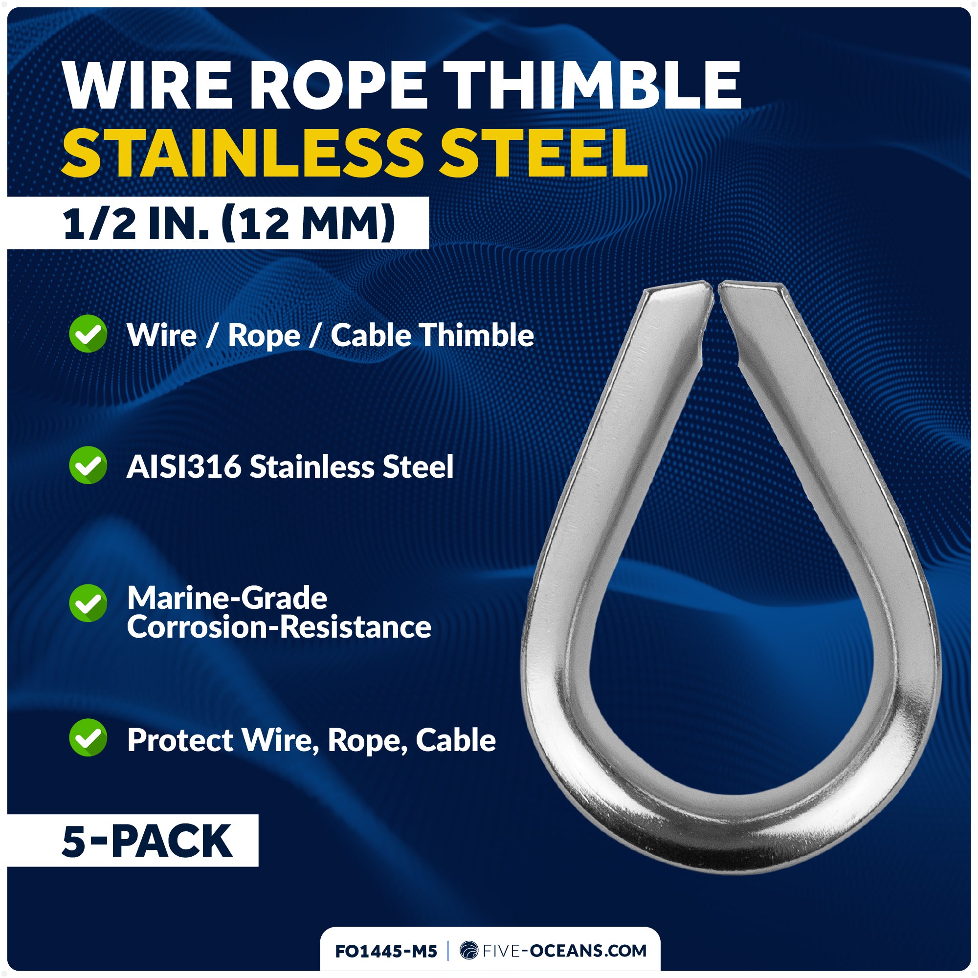1/2" Wire Rope Thimble, AISI316 Stainless Steel, 5-Pack - FO1445-M5 - Five Oceans