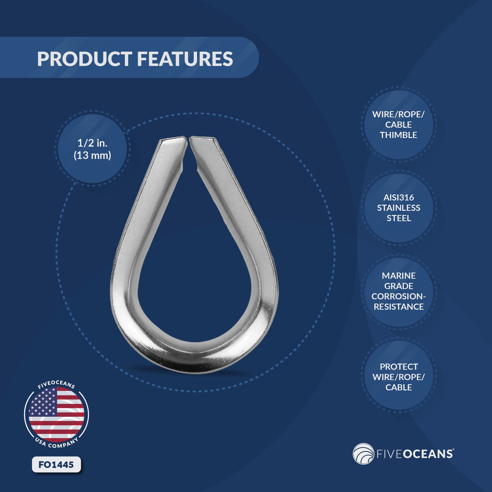 Five Oceans Wire Rope Thimble 1/2 inch Stainless Steel AISI316 FO-1445 - Five Oceans