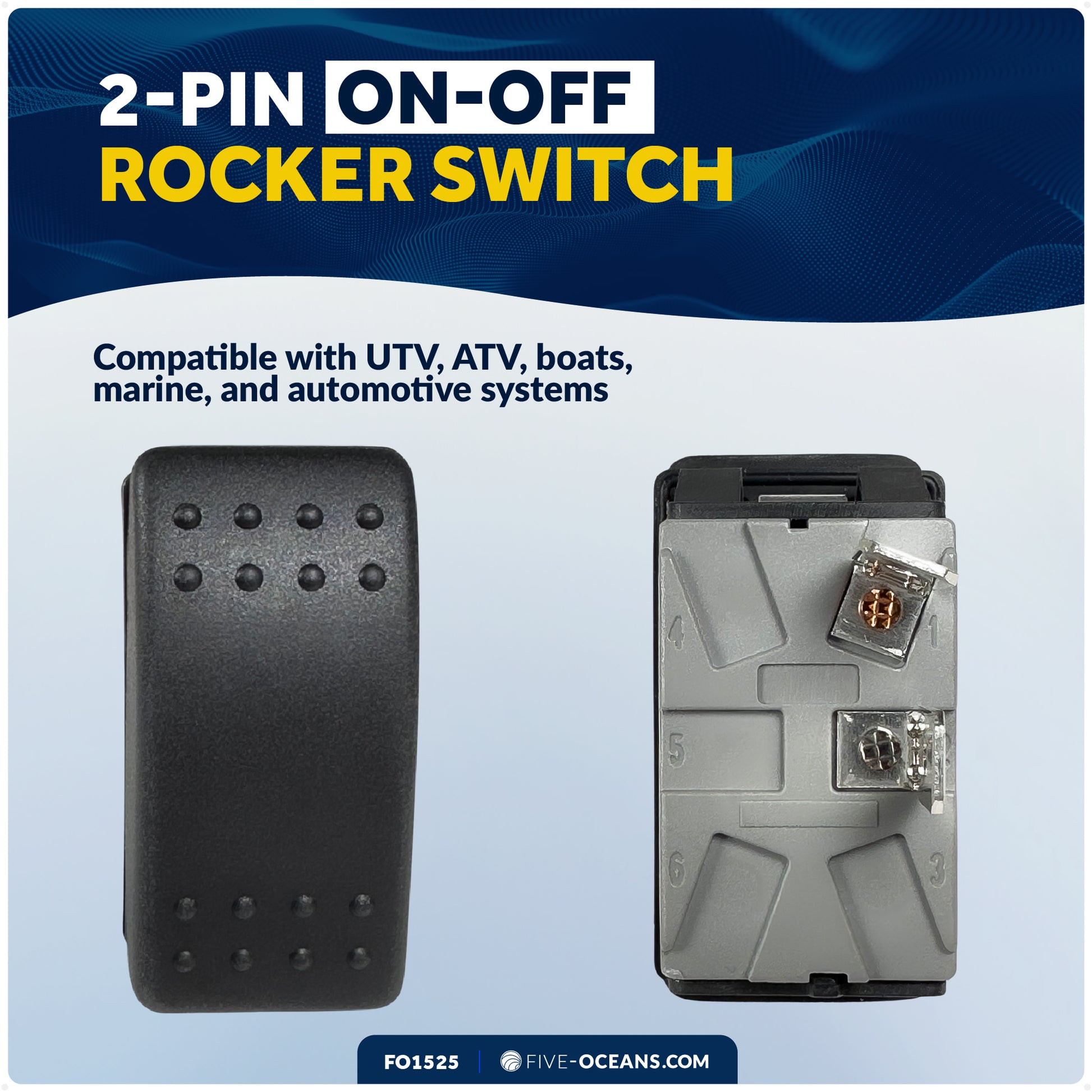 2-Pin On-Off Rocker Switch, SPST, 25A/12V DC - 15A/24V DC - FO1525 - Five Oceans