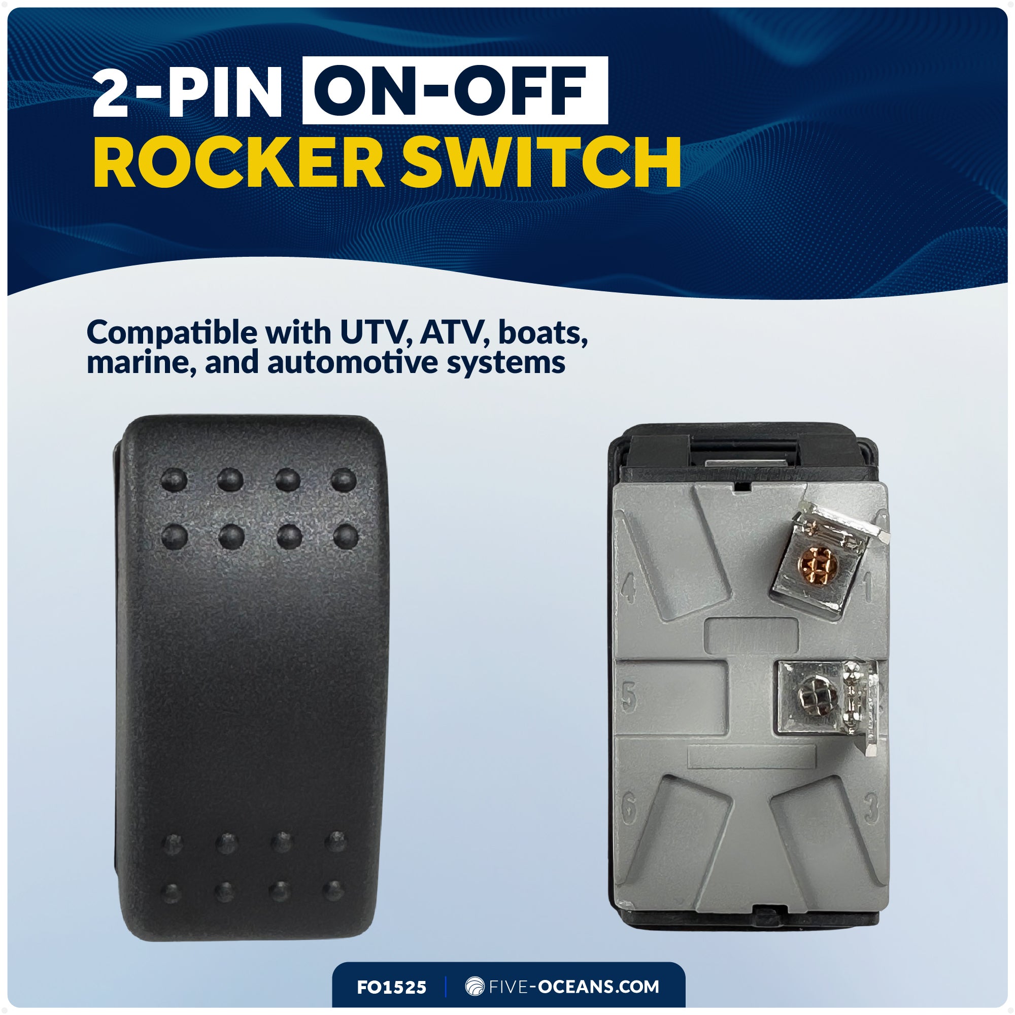 2-Pin On-Off Rocker Switch, SPST, 25A/12V DC - 15A/24V DC - FO1525 - Five Oceans
