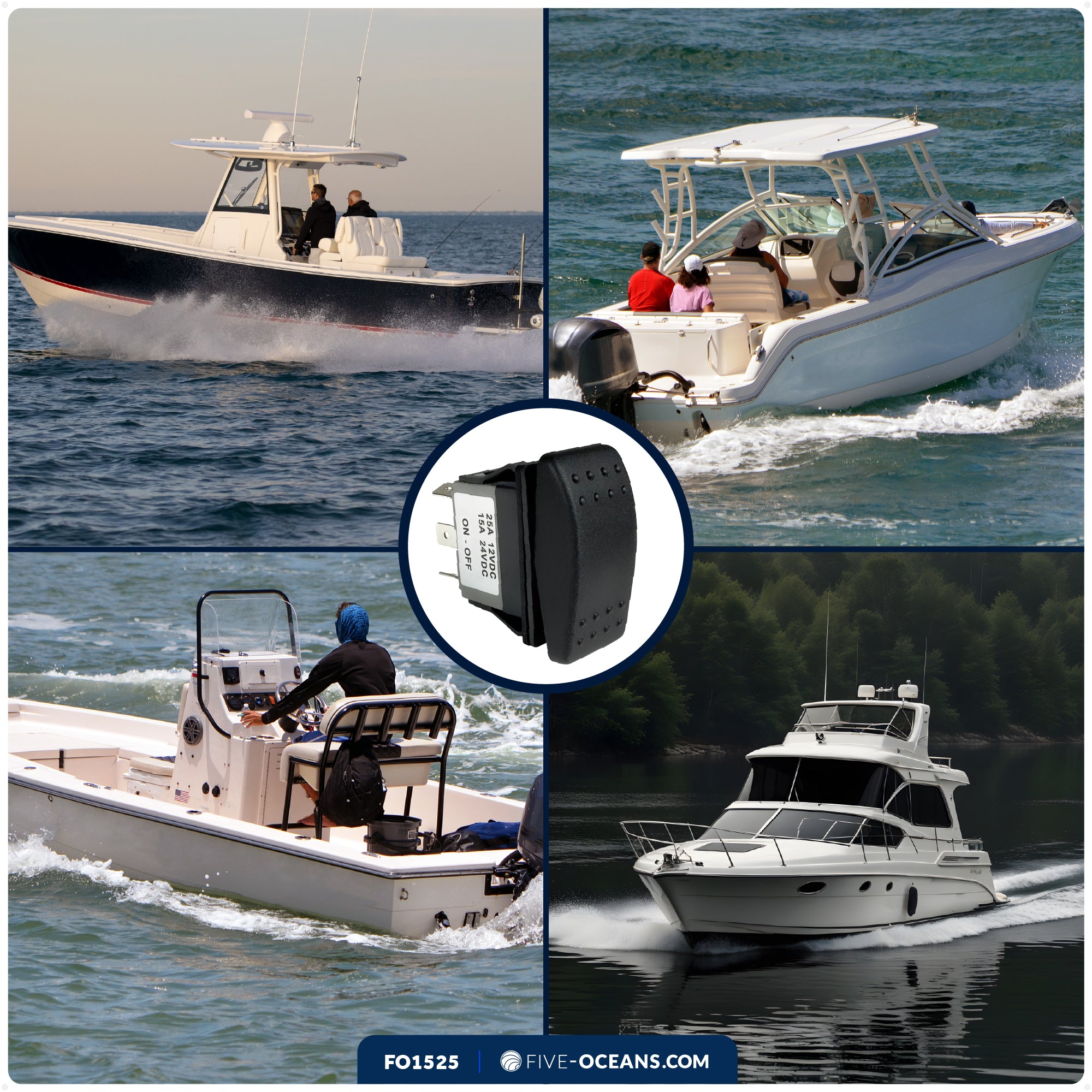 2-Pin On-Off Rocker Switch, SPST, 25A/12V DC - 15A/24V DC - FO1525 - Five Oceans