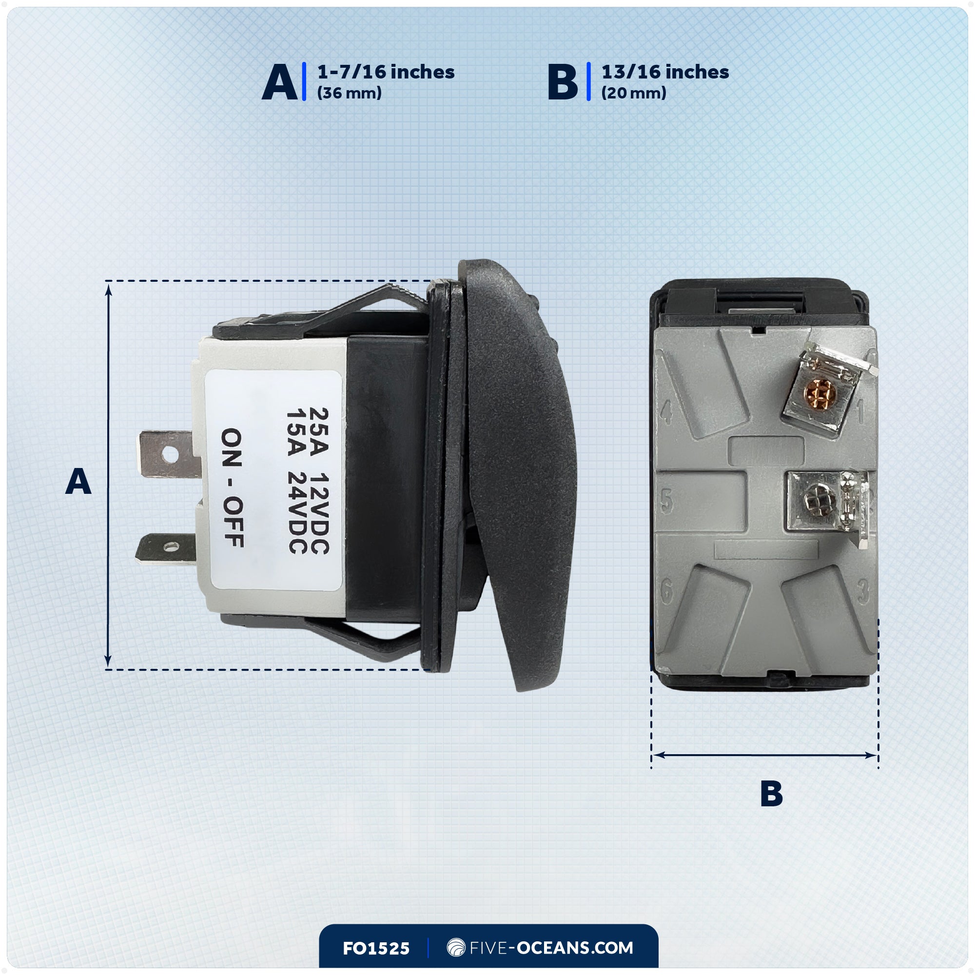 2-Pin On-Off Rocker Switch, SPST, 25A/12V DC - 15A/24V DC - FO1525 - Five Oceans