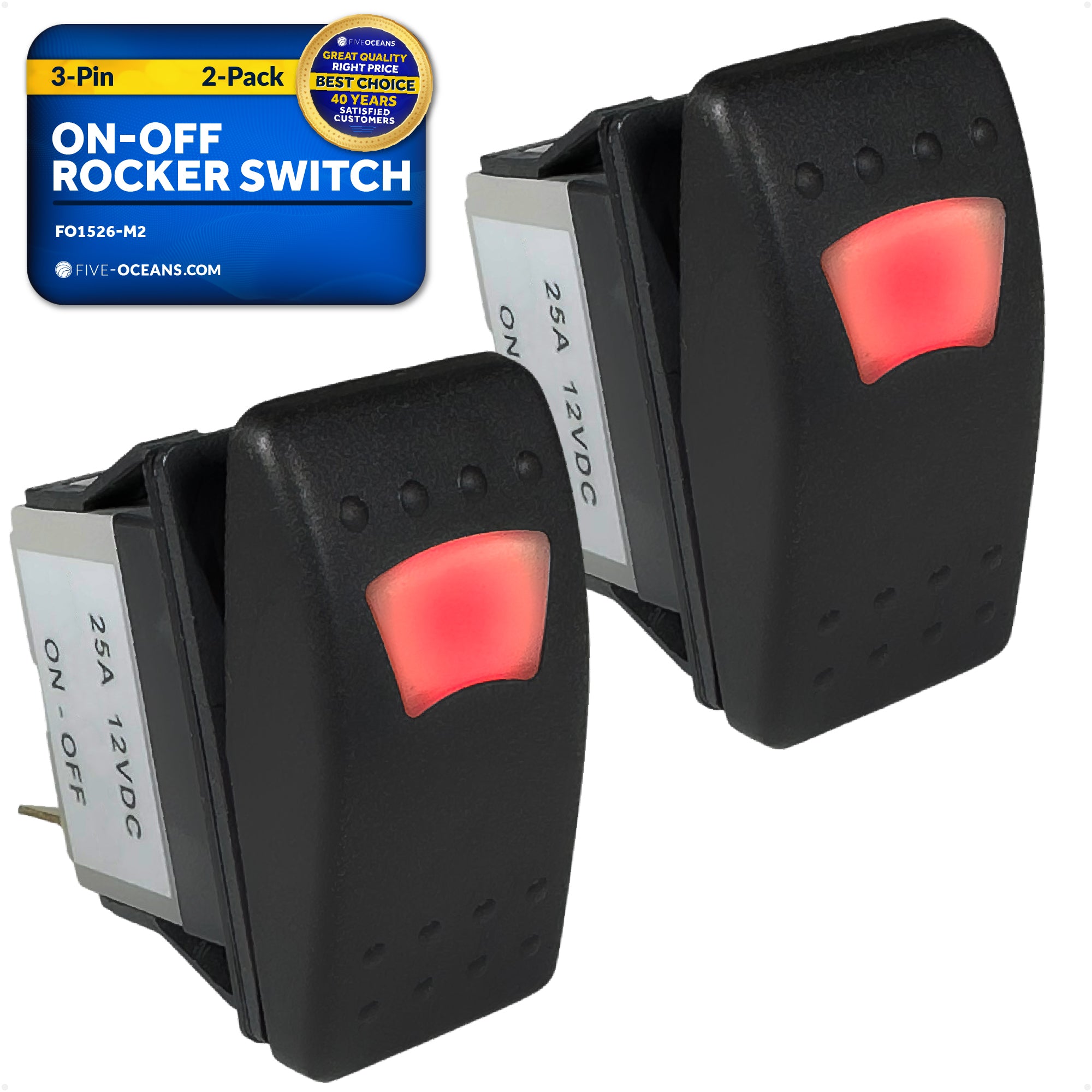 3-Pin On-Off LED Rocker Switch, SPST, 25A/12V DC - 15A/24V DC, 2-Pack - FO1526-M2