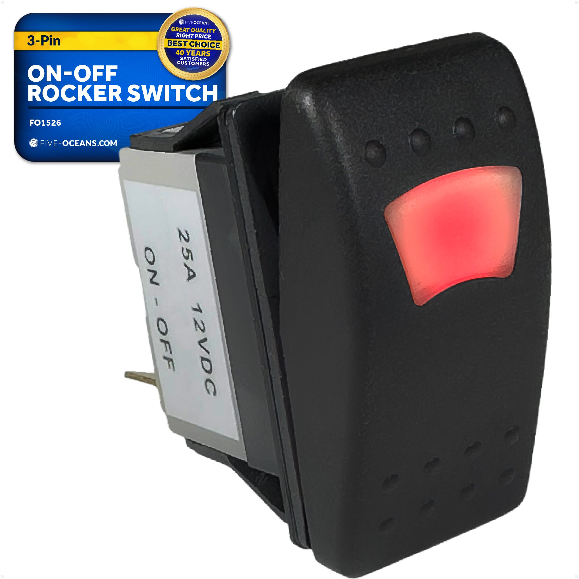 3-Pin On-Off LED Rocker Switch, SPST, 25A/12V DC - 15A/24V DC - FO1526