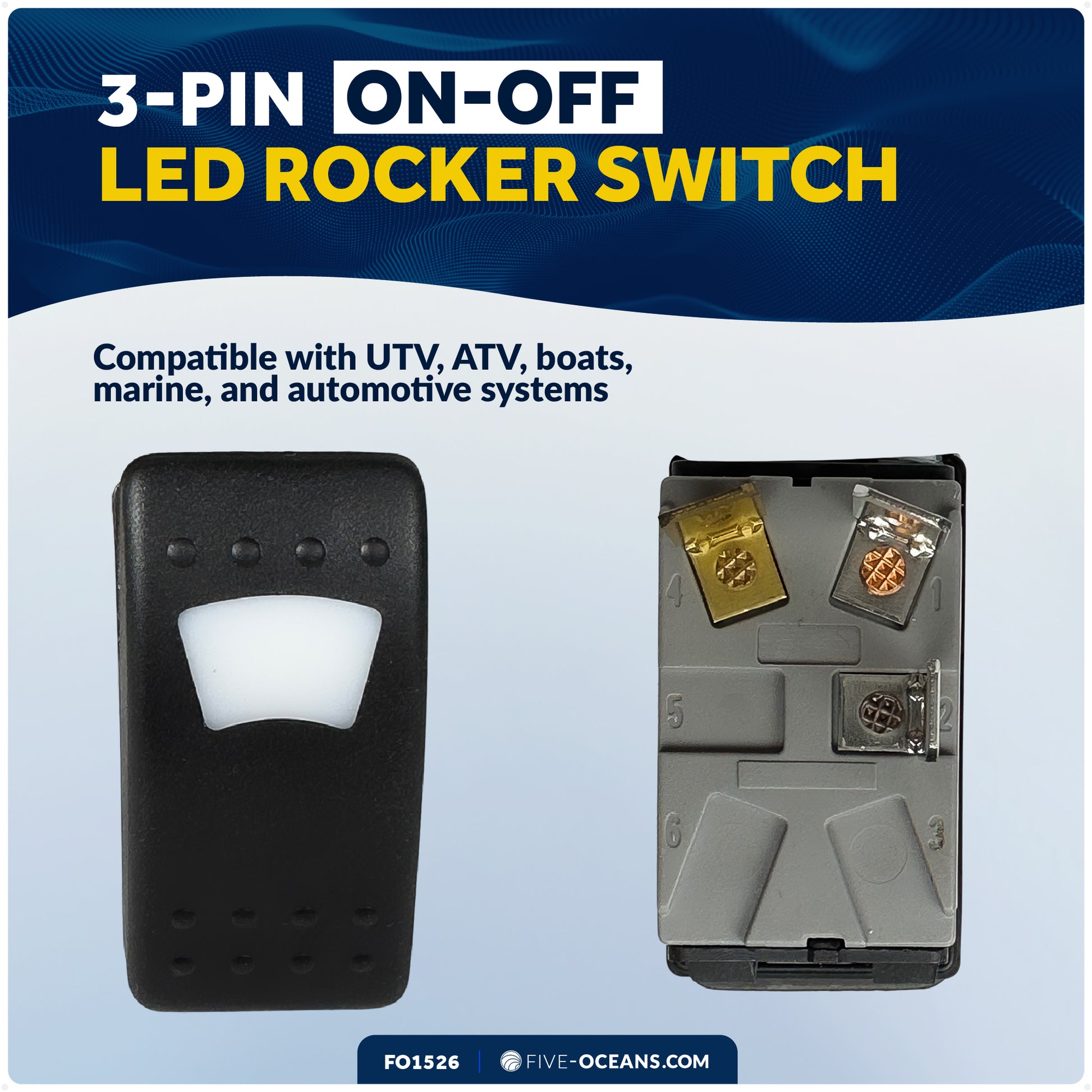 3-Pin On-Off LED Rocker Switch, SPST, 25A/12V DC - 15A/24V DC - FO1526 - Five Oceans