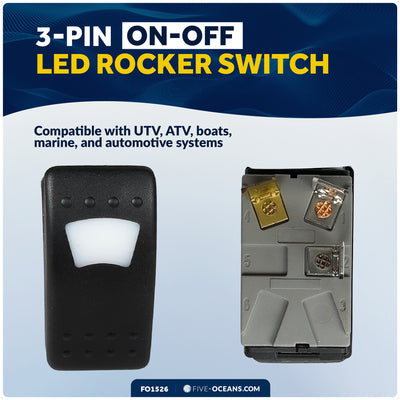 3-Pin On-Off LED Rocker Switch, SPST, 25A/12V DC - 15A/24V DC - FO1526 - Five Oceans