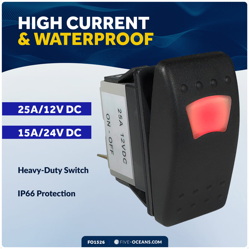 3-Pin On-Off LED Rocker Switch, SPST, 25A/12V DC - 15A/24V DC - FO1526 - Five Oceans